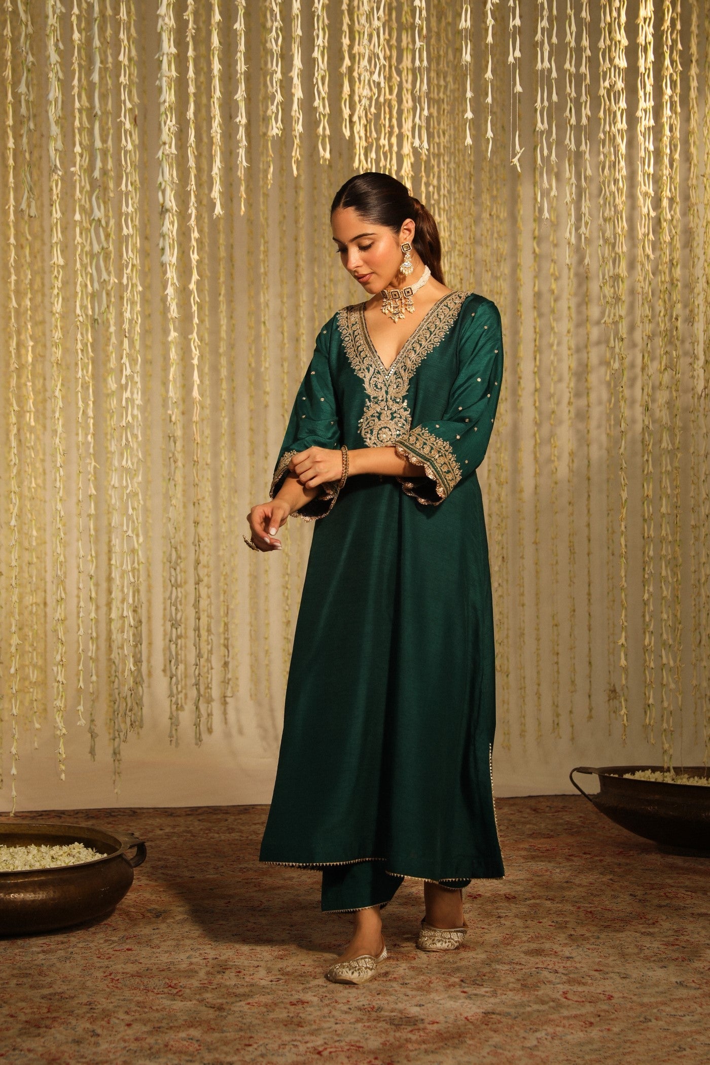 Mysha - Emerald Green Long Choga With Salwar