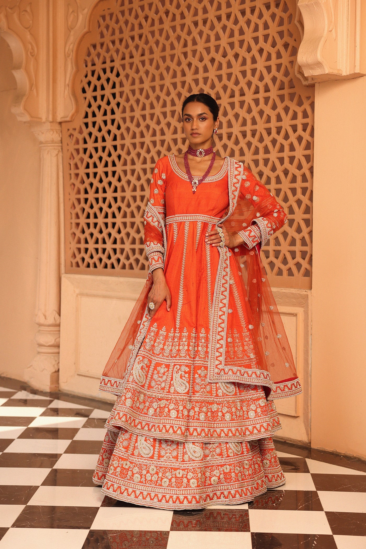 Mariyah - Orange Anarkali With Lehenga And Dupatta