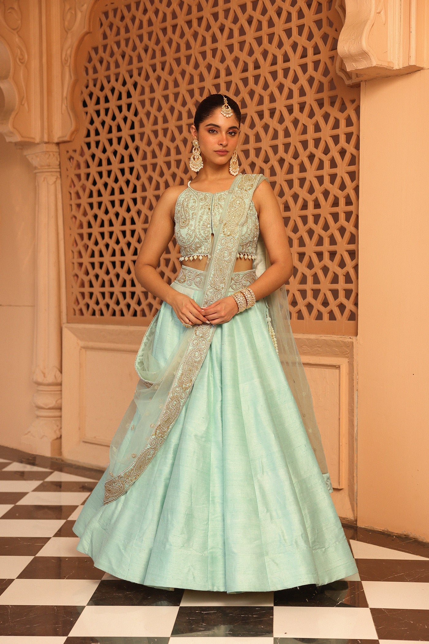Afsa - Misty Green Lehenga With Blouse And Dupatta