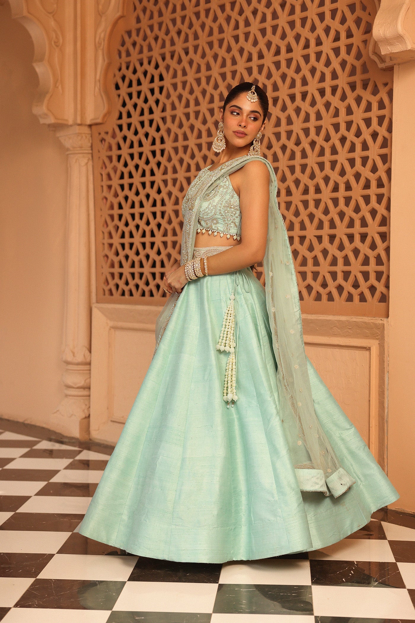 Afsa - Misty Green Lehenga With Blouse And Dupatta