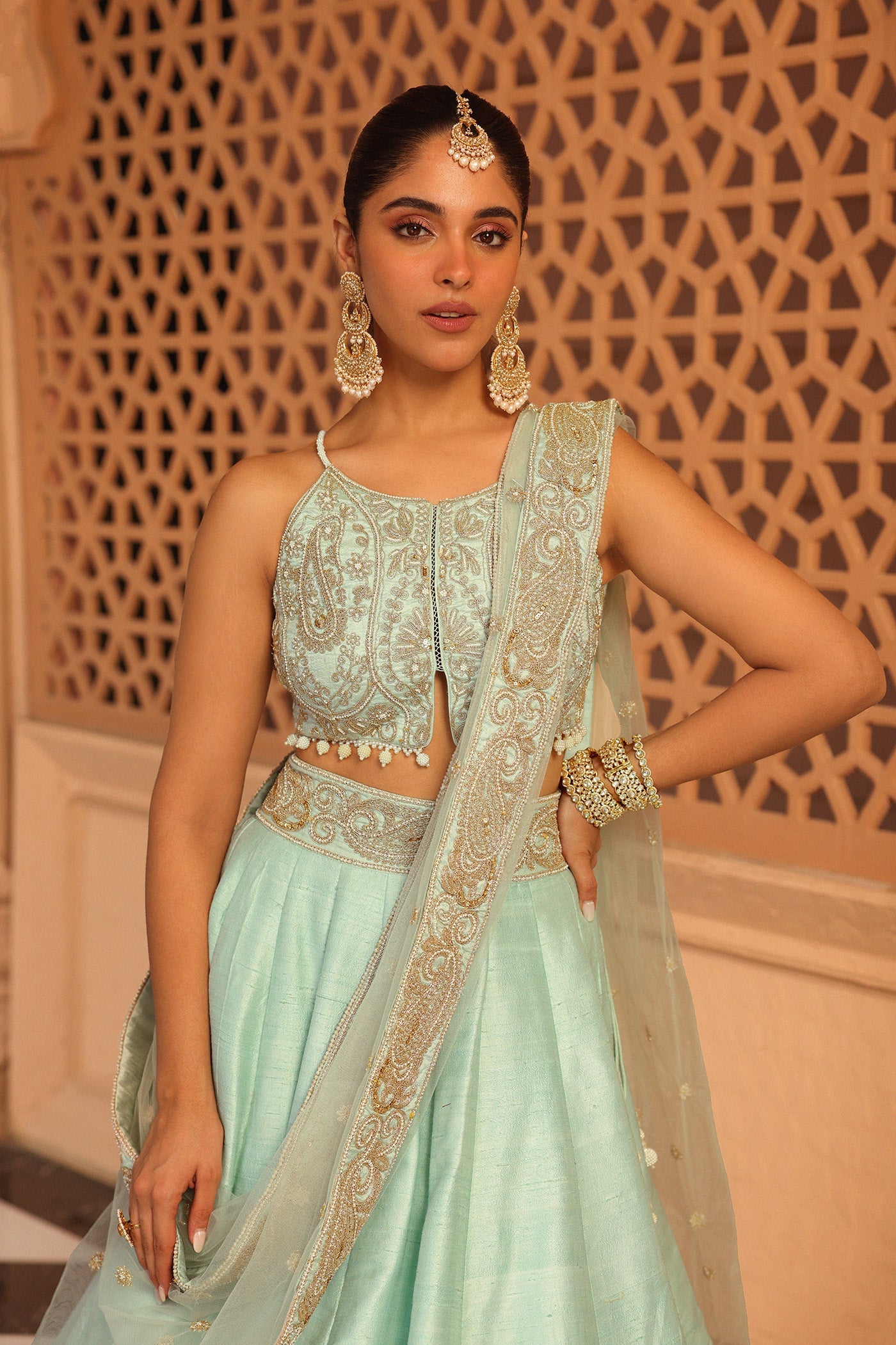 Afsa - Misty Green Lehenga With Blouse And Dupatta