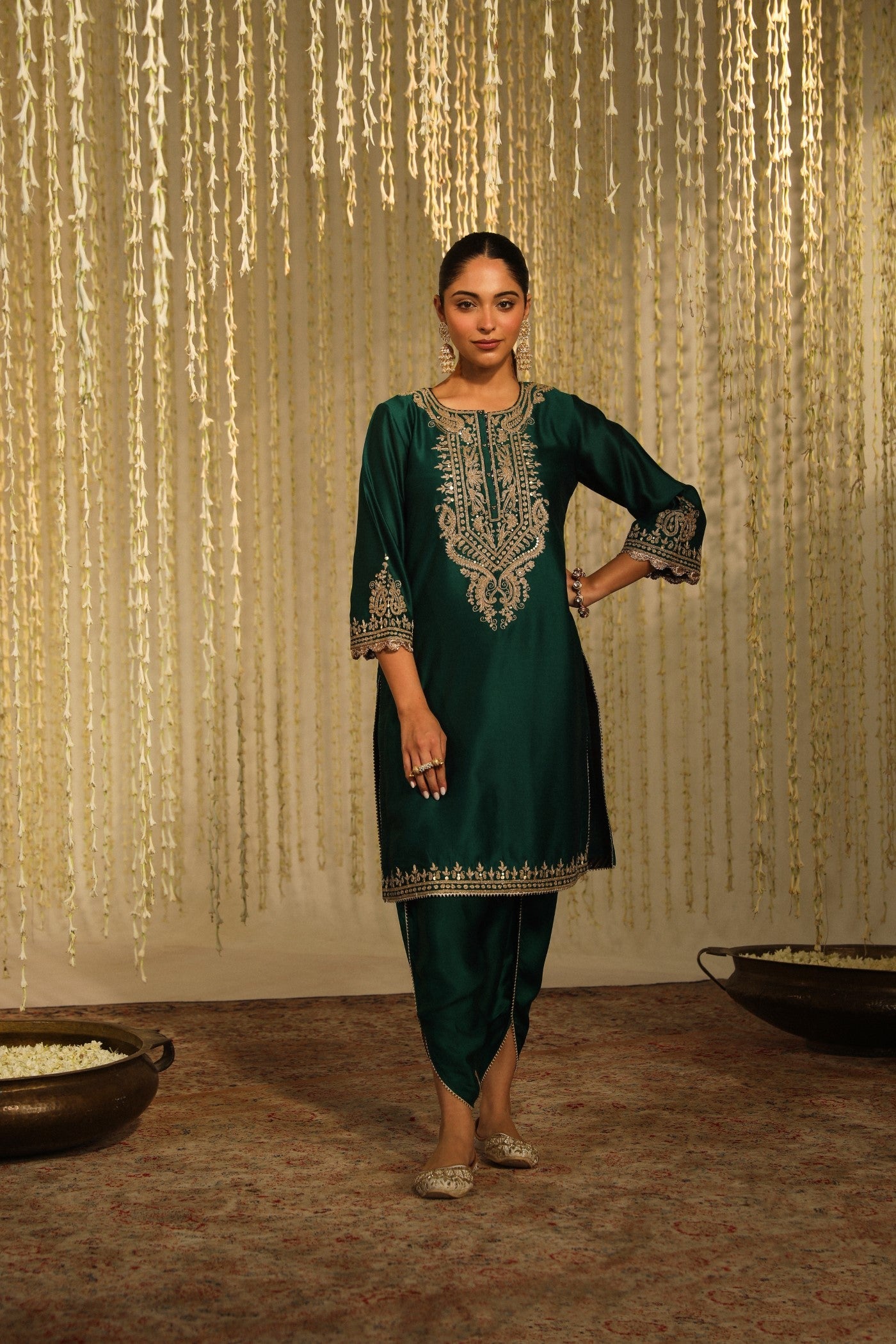 Amayra - Emerald Green Short Kurta With Dhoti