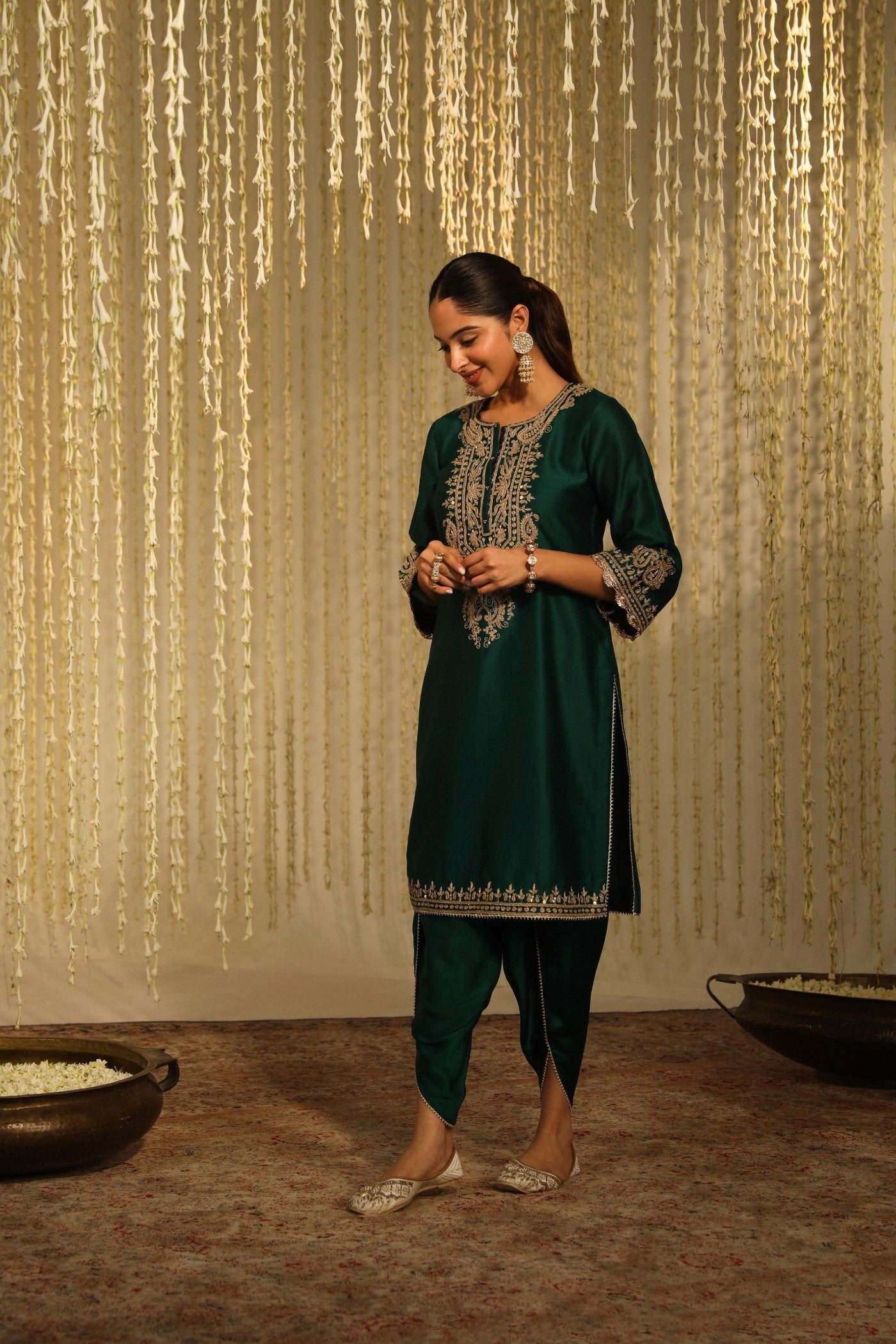 Amayra - Emerald Green Short Kurta With Dhoti
