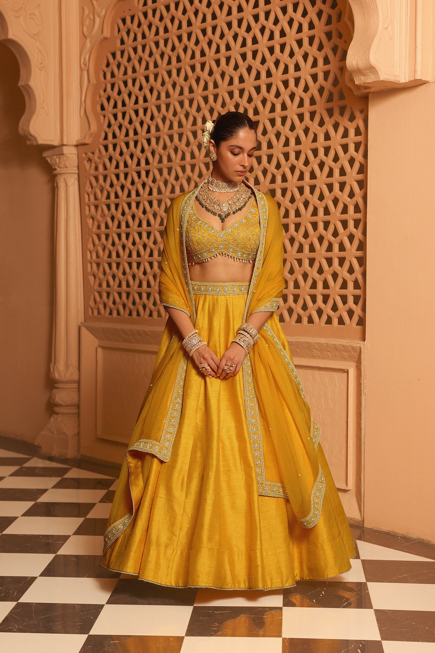 Mazhum - Mustard Lehenga With Blouse And Dupatta