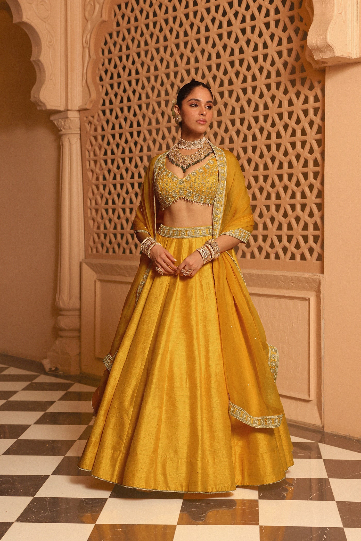 Mazhum - Mustard Lehenga With Blouse And Dupatta