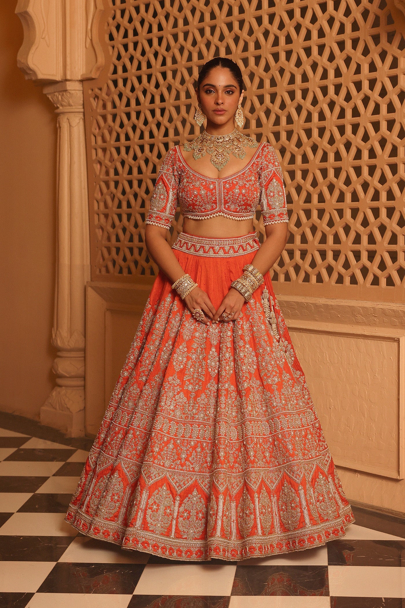 Faizah - Orange Lehenga With Blouse And Dupatta