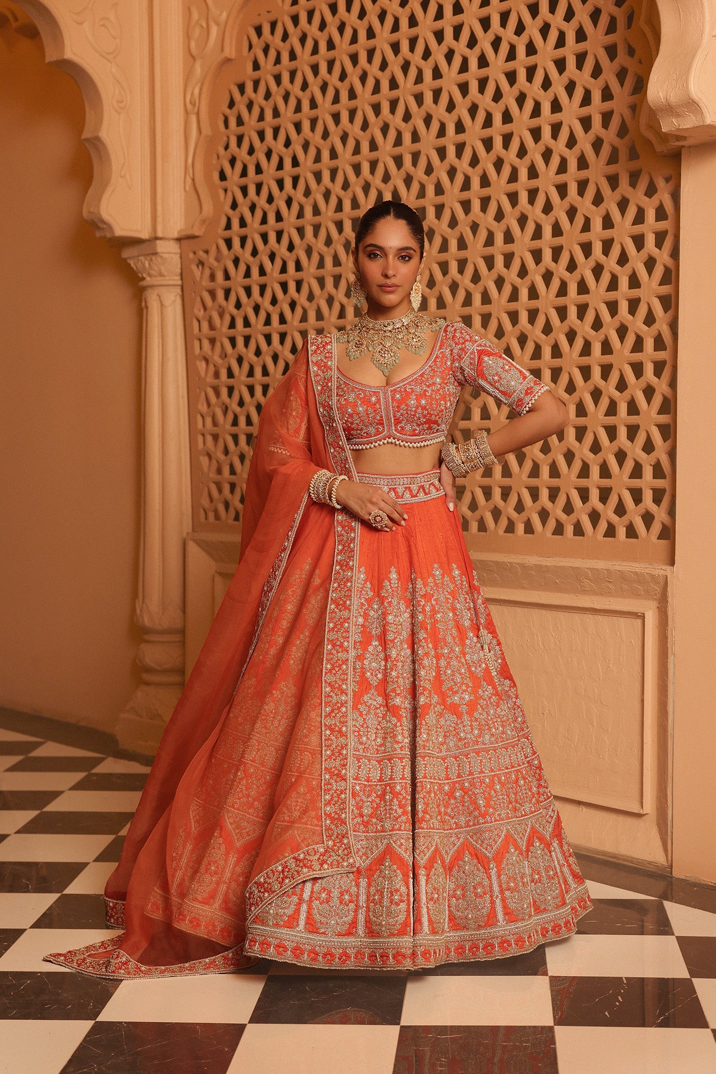 Faizah - Orange Lehenga With Blouse And Dupatta