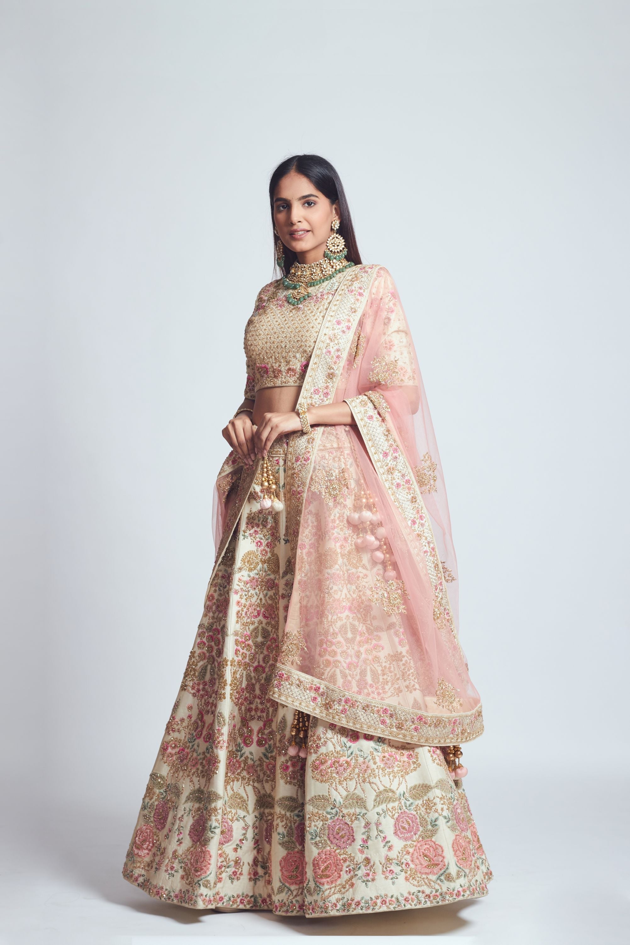 Parinaaz- Daisy Ivory & Blush Pink Parsi & Dabka Zardozi Embroidered Lehenga