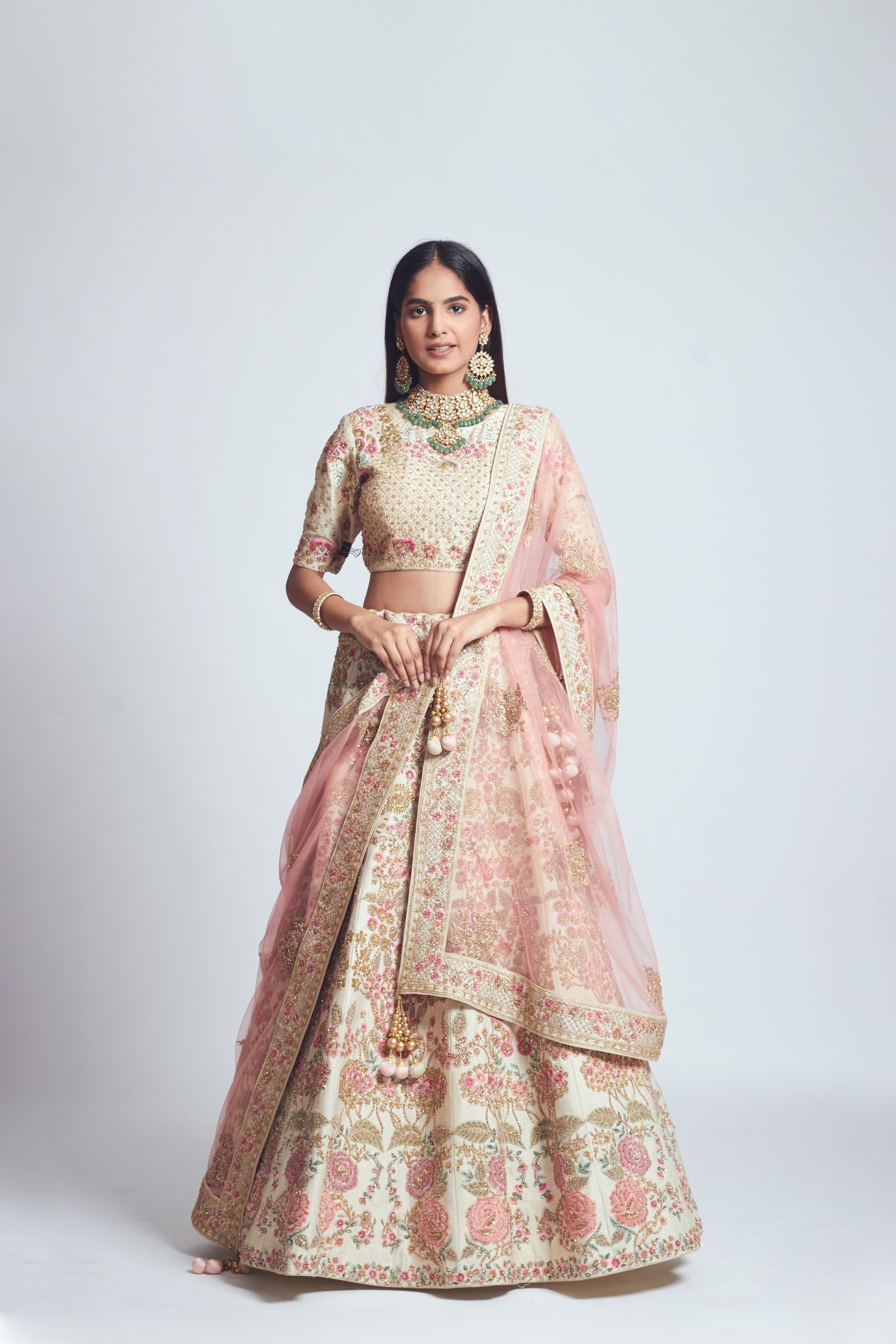 Parinaaz- Daisy Ivory & Blush Pink Parsi & Dabka Zardozi Embroidered Lehenga