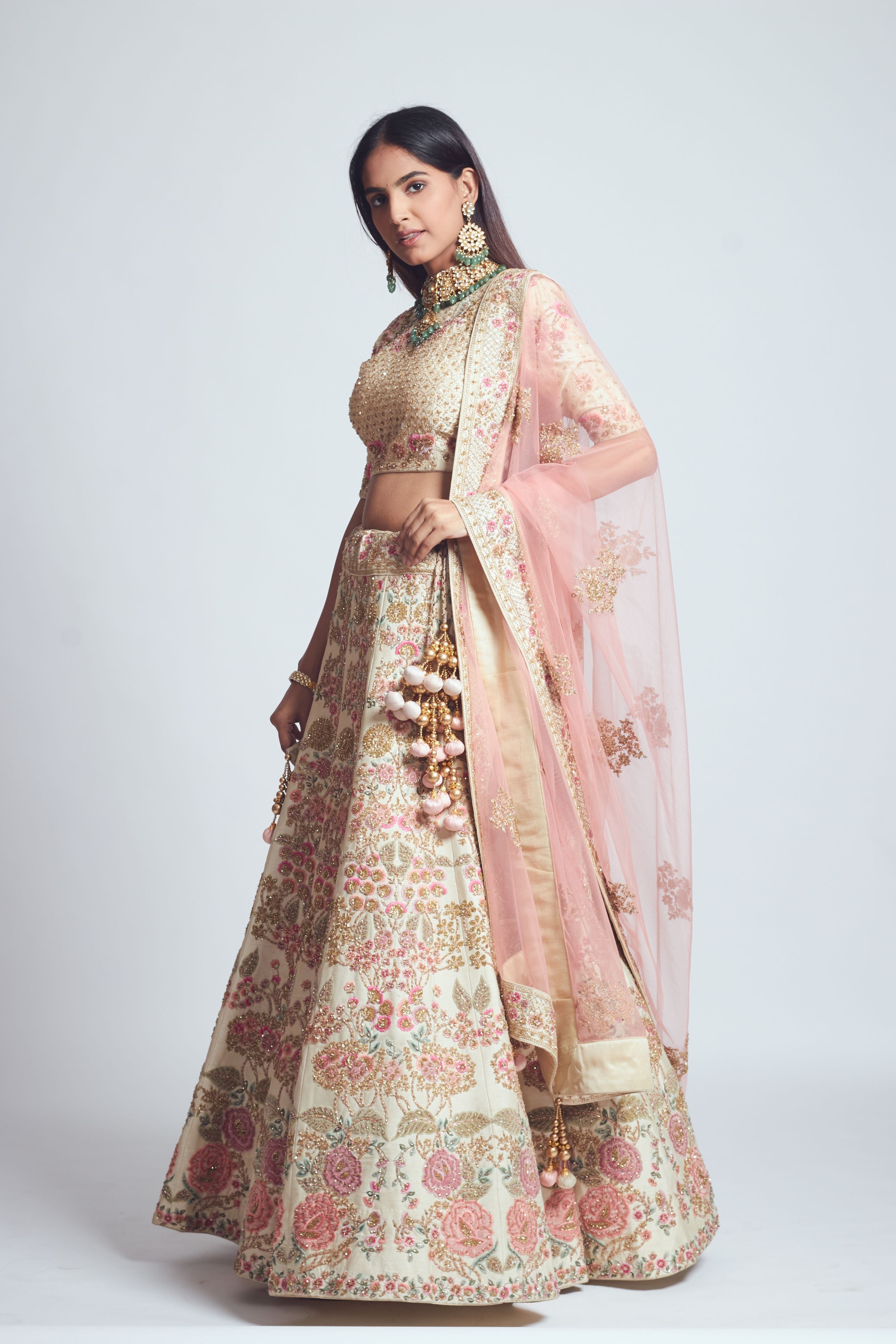 Parinaaz- Daisy Ivory & Blush Pink Parsi & Dabka Zardozi Embroidered Lehenga