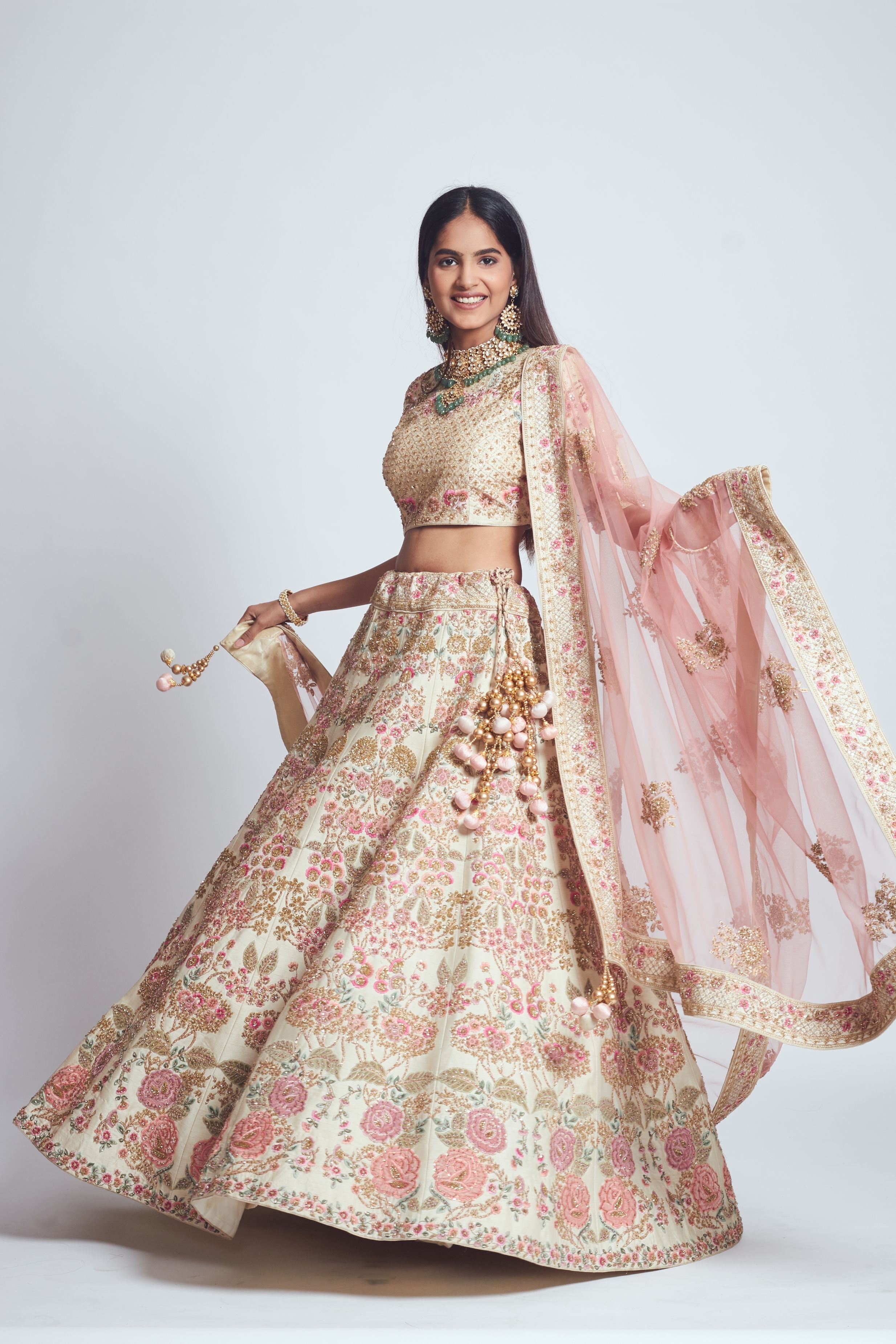 Parinaaz- Daisy Ivory & Blush Pink Parsi & Dabka Zardozi Embroidered Lehenga
