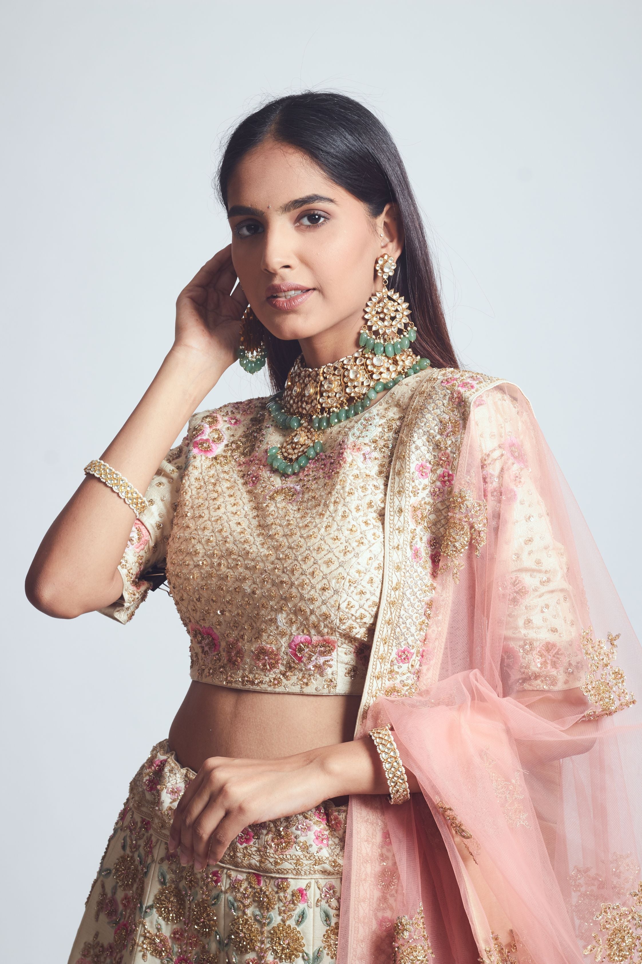 Parinaaz- Daisy Ivory & Blush Pink Parsi & Dabka Zardozi Embroidered Lehenga