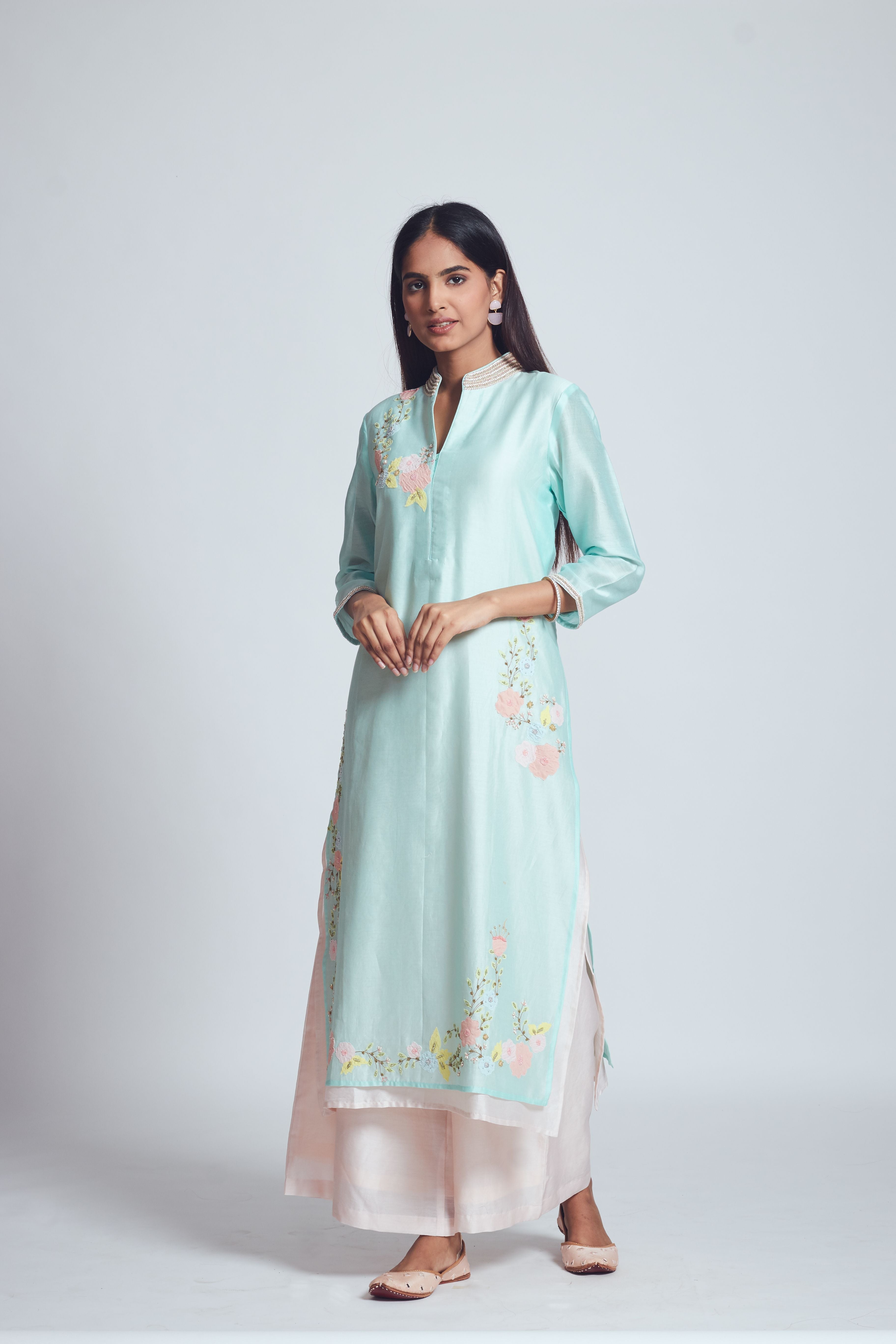 Fiza - Soft Aqua & Blush Pink Kurta And Palazzo Set