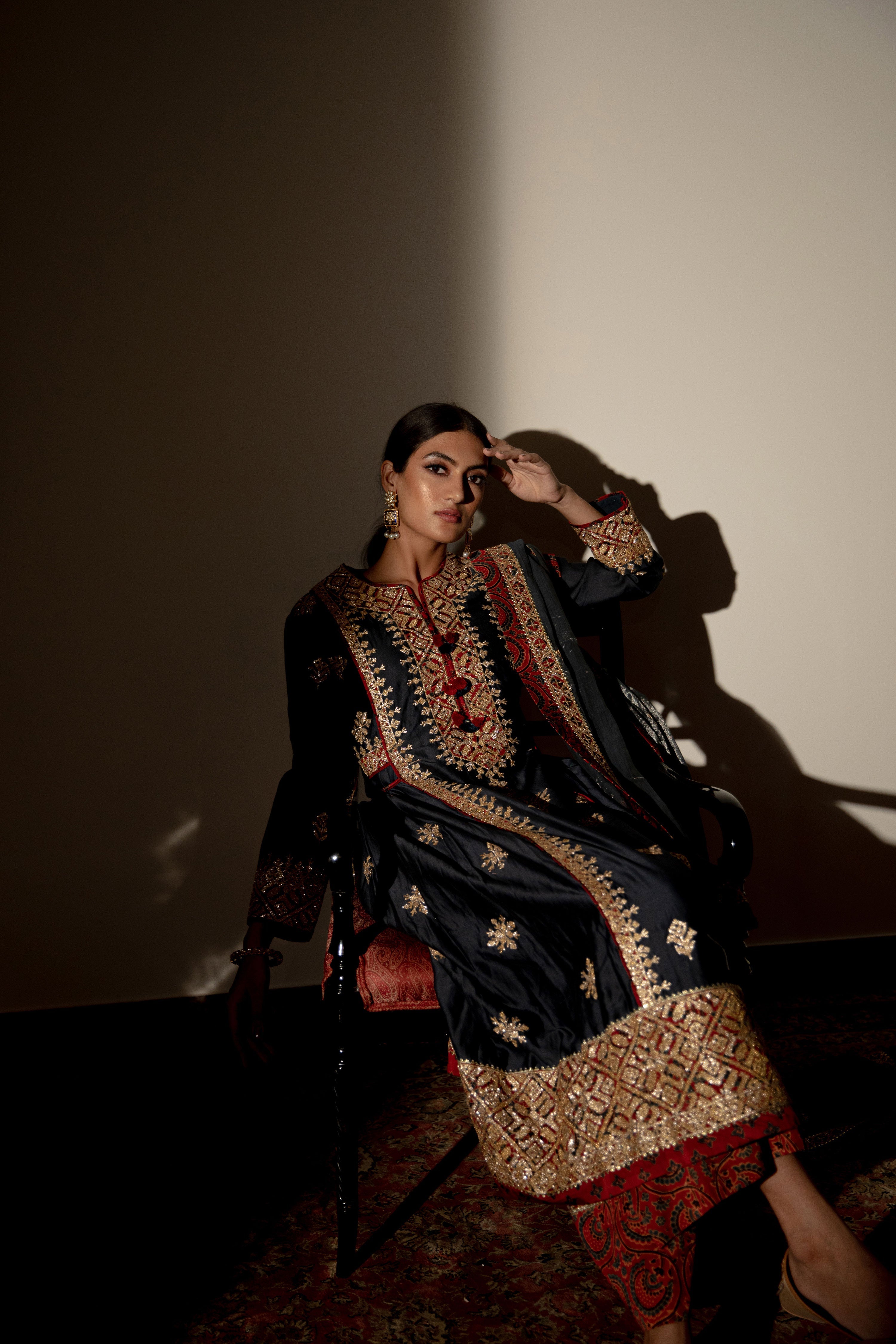 Ajrakh Side Pleat Long Kurta With Flared Pants