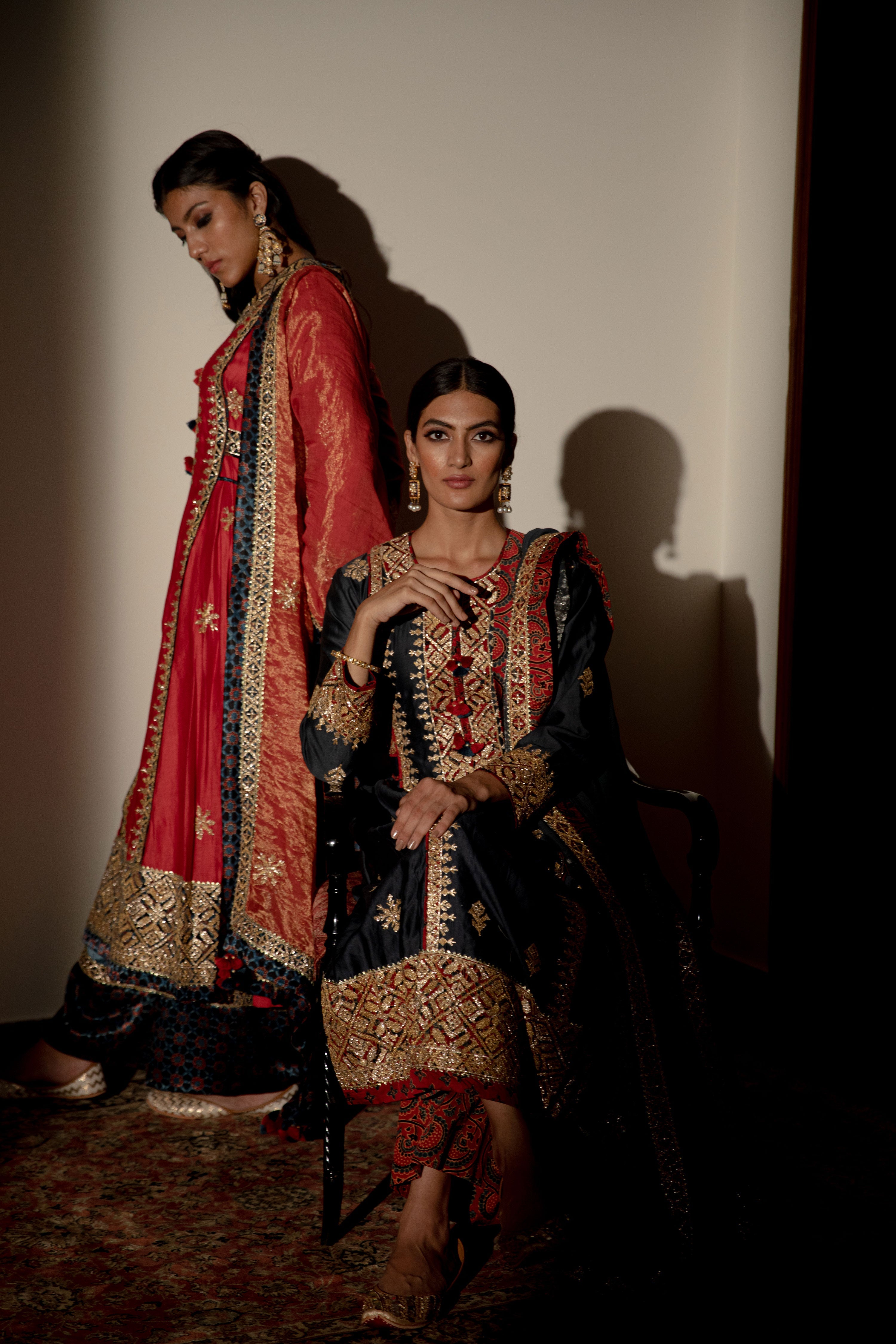 Ajrakh Side Pleat Long Kurta With Flared Pants
