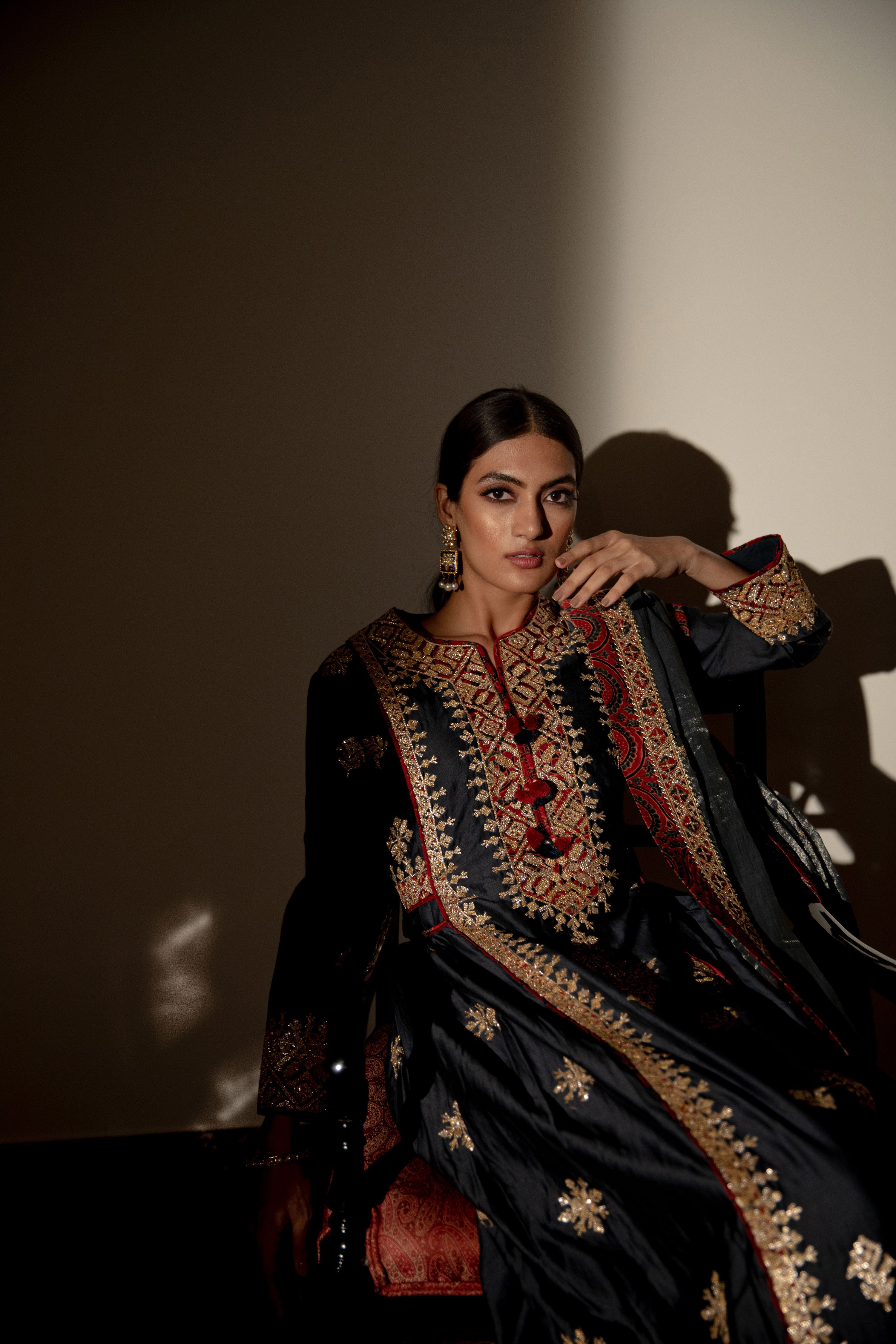 Ajrakh Side Pleat Long Kurta With Flared Pants