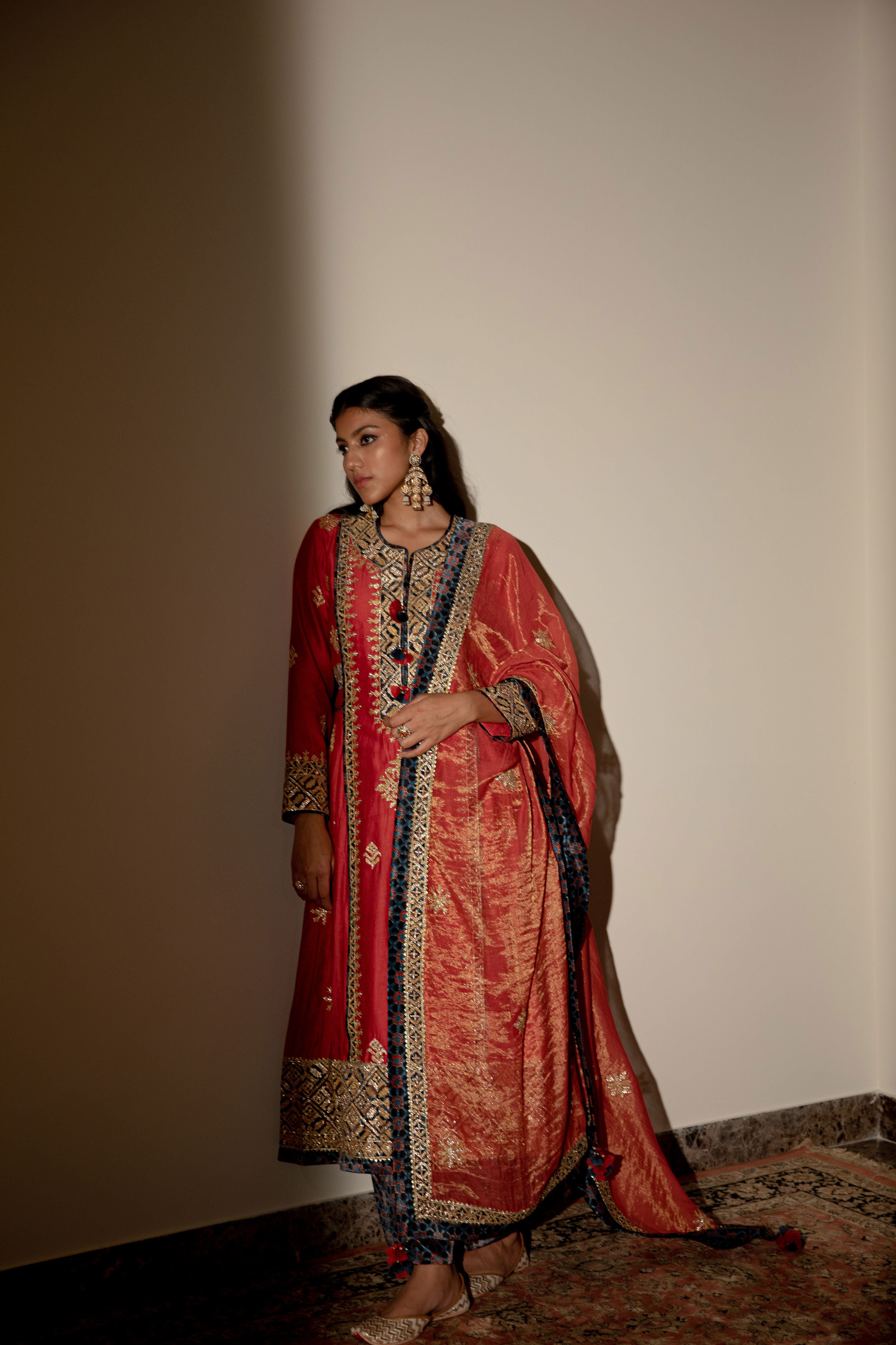 Ajrakh Side Pleat Long Kurta With Flared Pants
