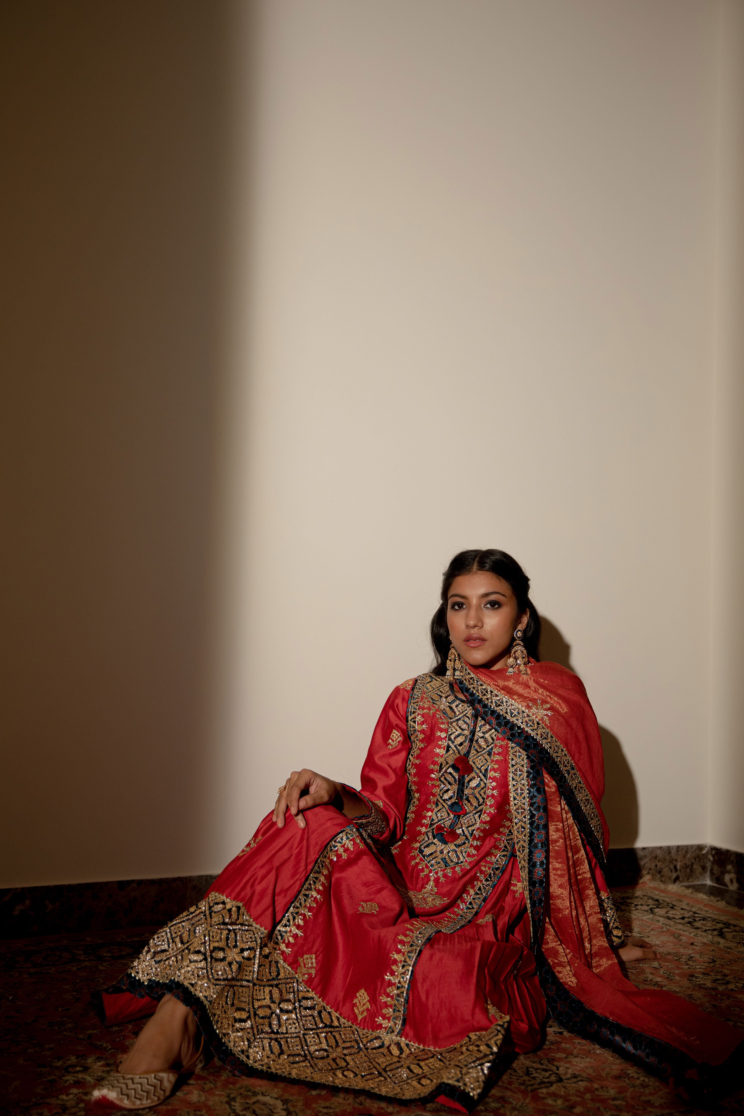 Ajrakh Side Pleat Long Kurta With Flared Pants