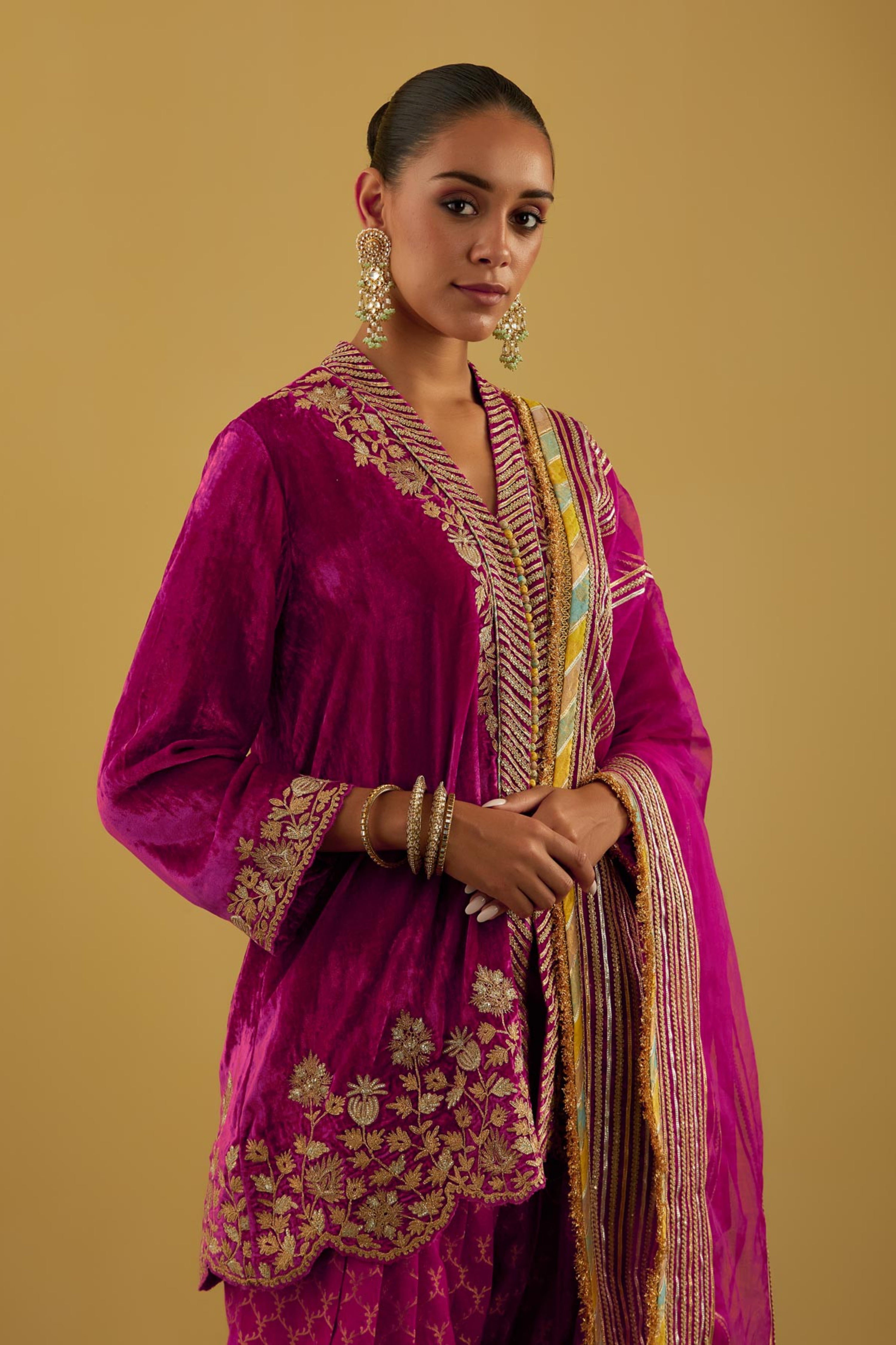 Patchwork Velvet Short Kurta With Salwar