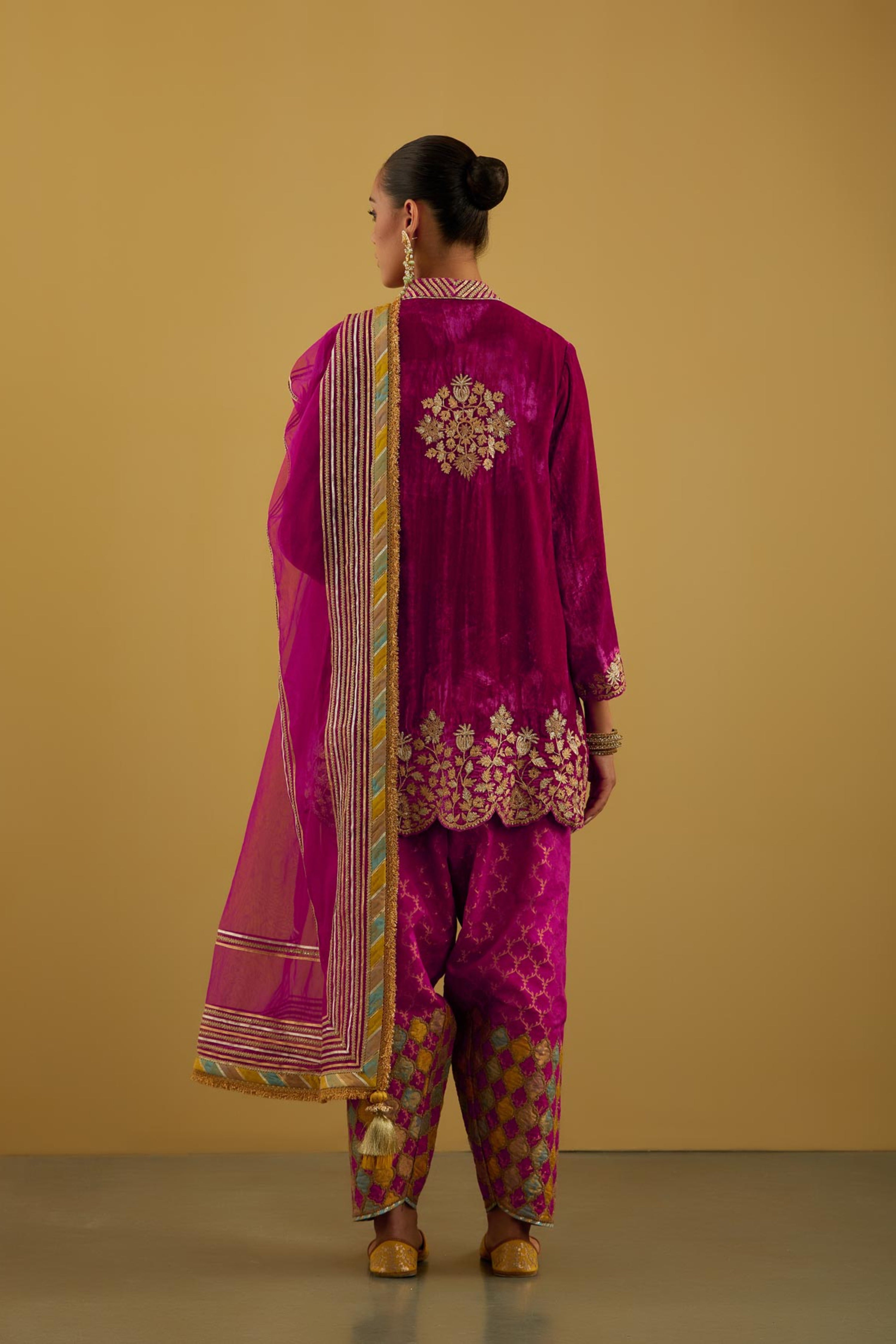 Patchwork Velvet Short Kurta With Salwar