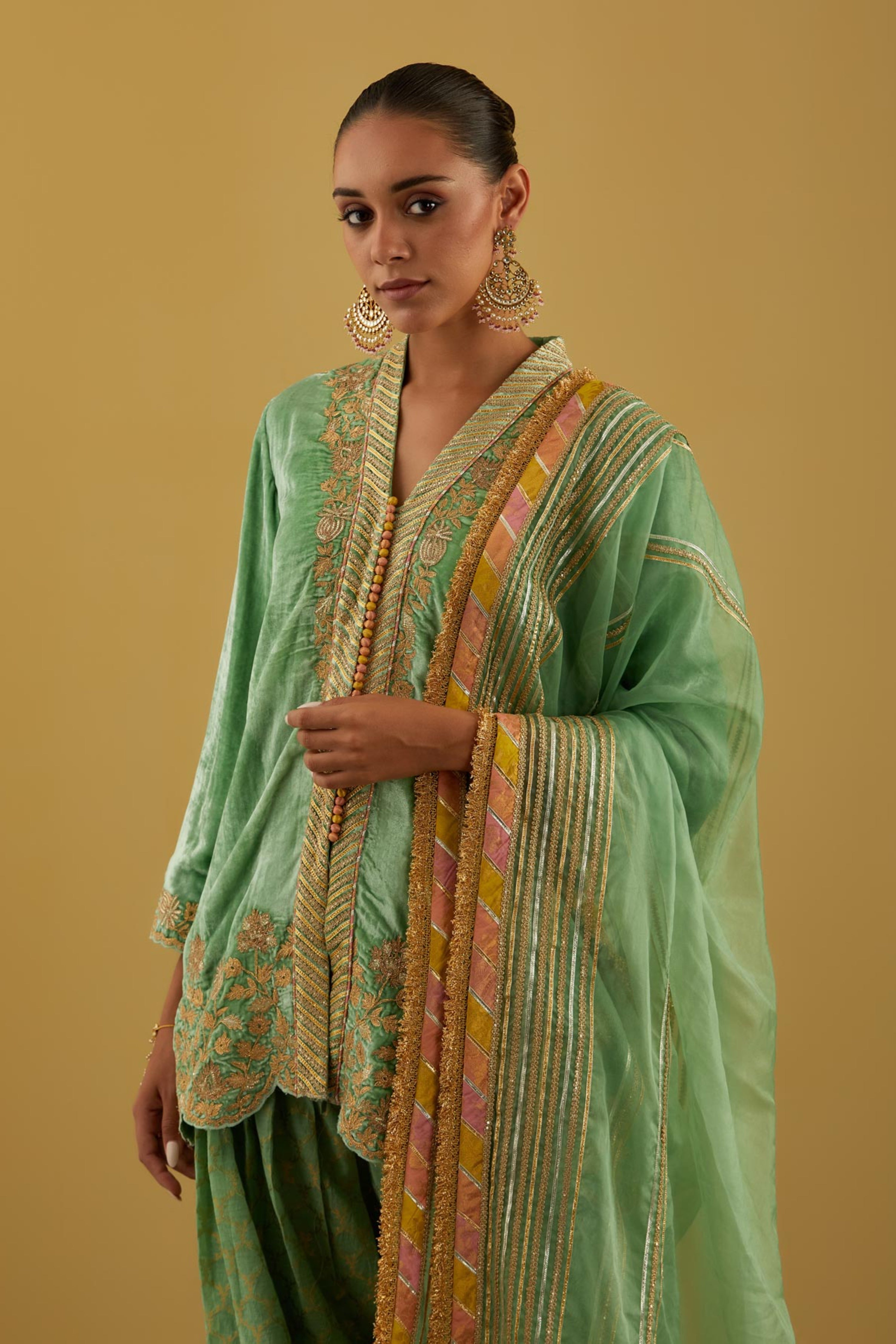 Patchwork Velvet Short Kurta With Salwar