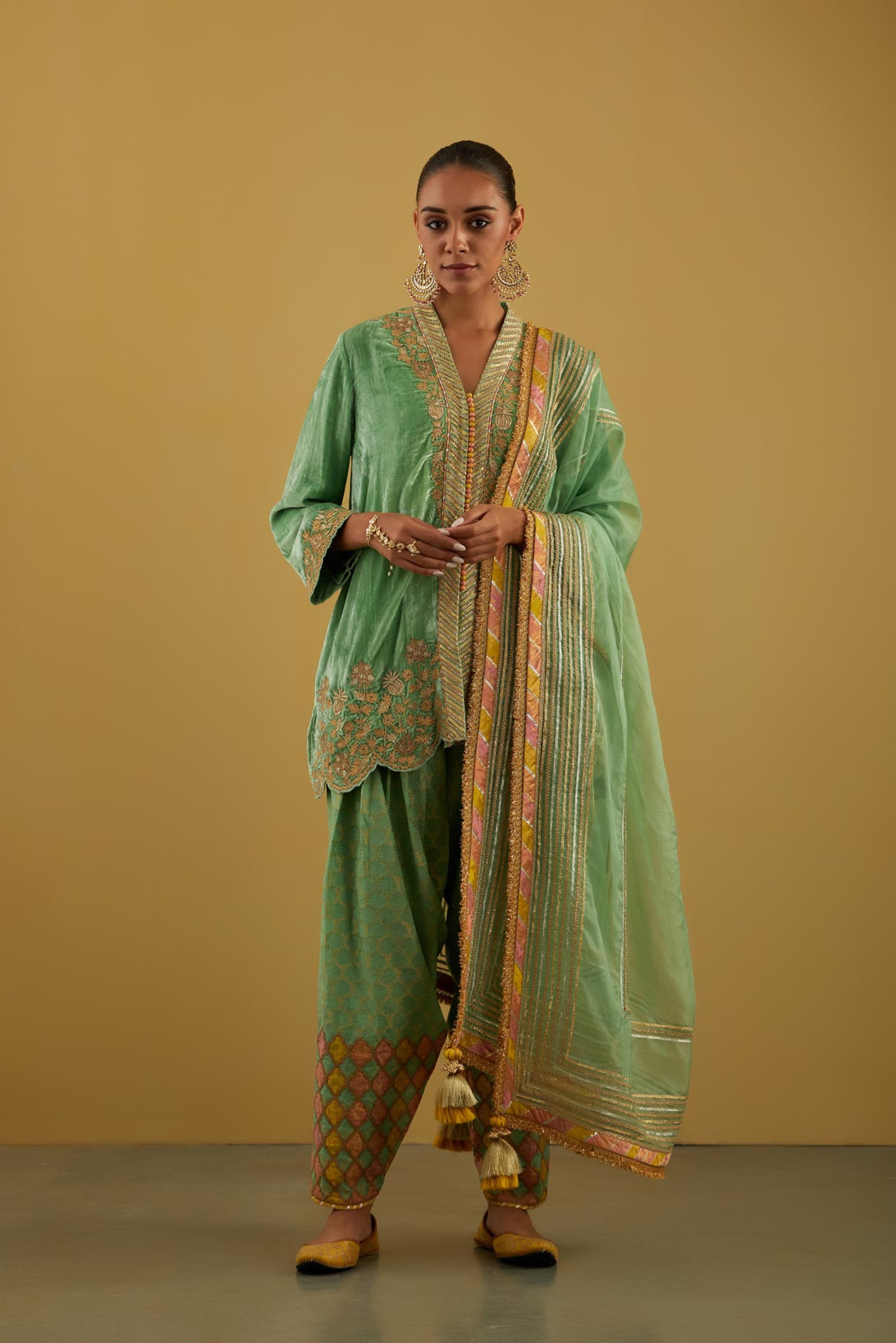 Patchwork Velvet Short Kurta With Salwar