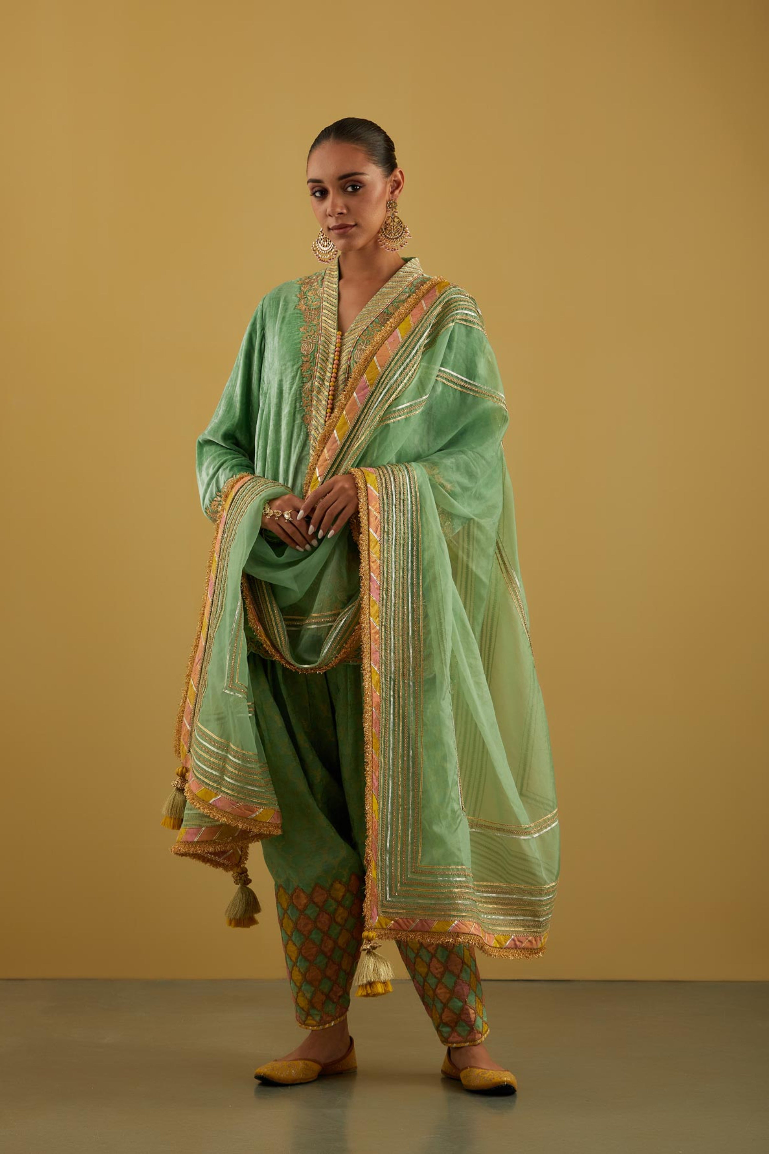 Patchwork Velvet Short Kurta With Salwar