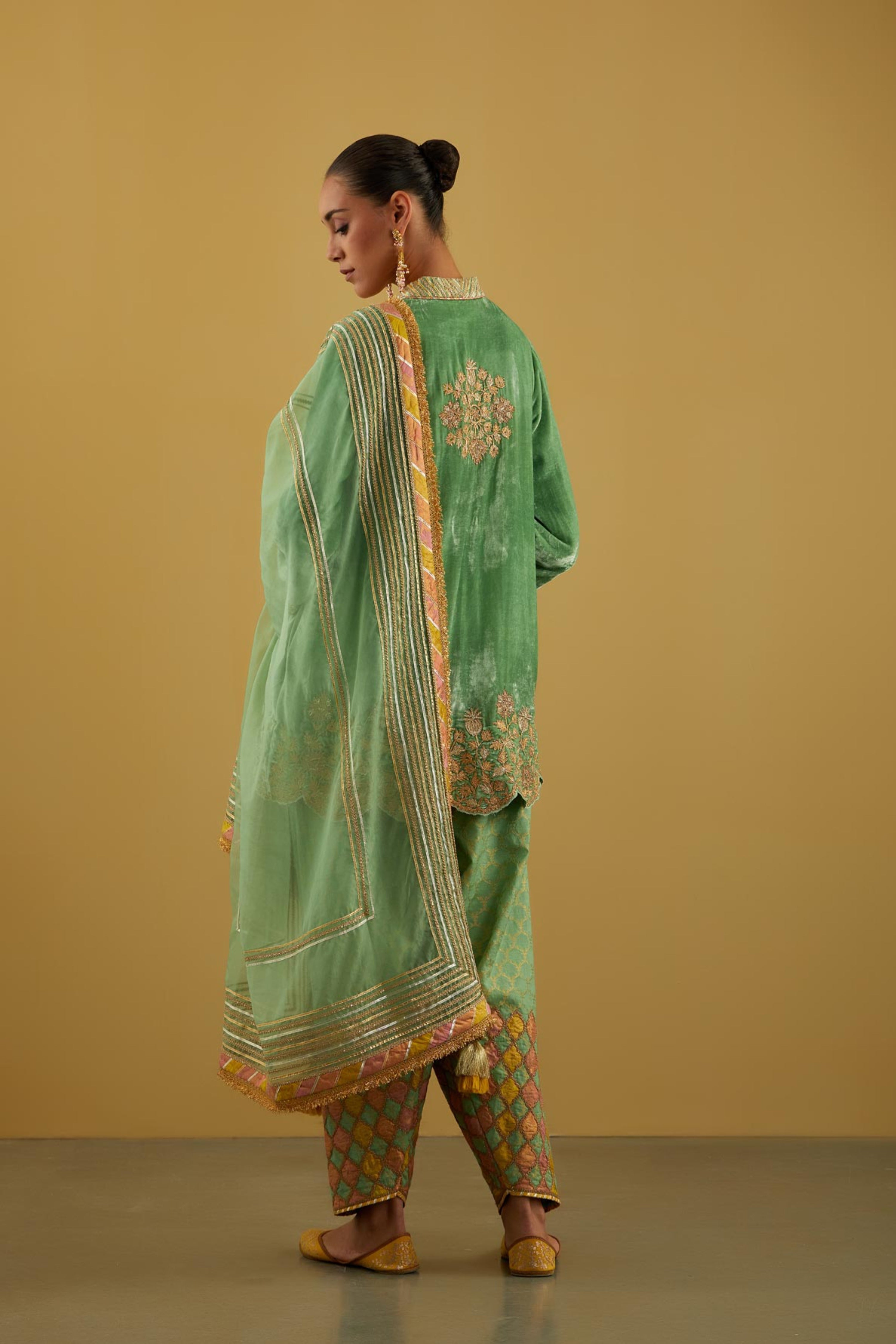 Patchwork Velvet Short Kurta With Salwar