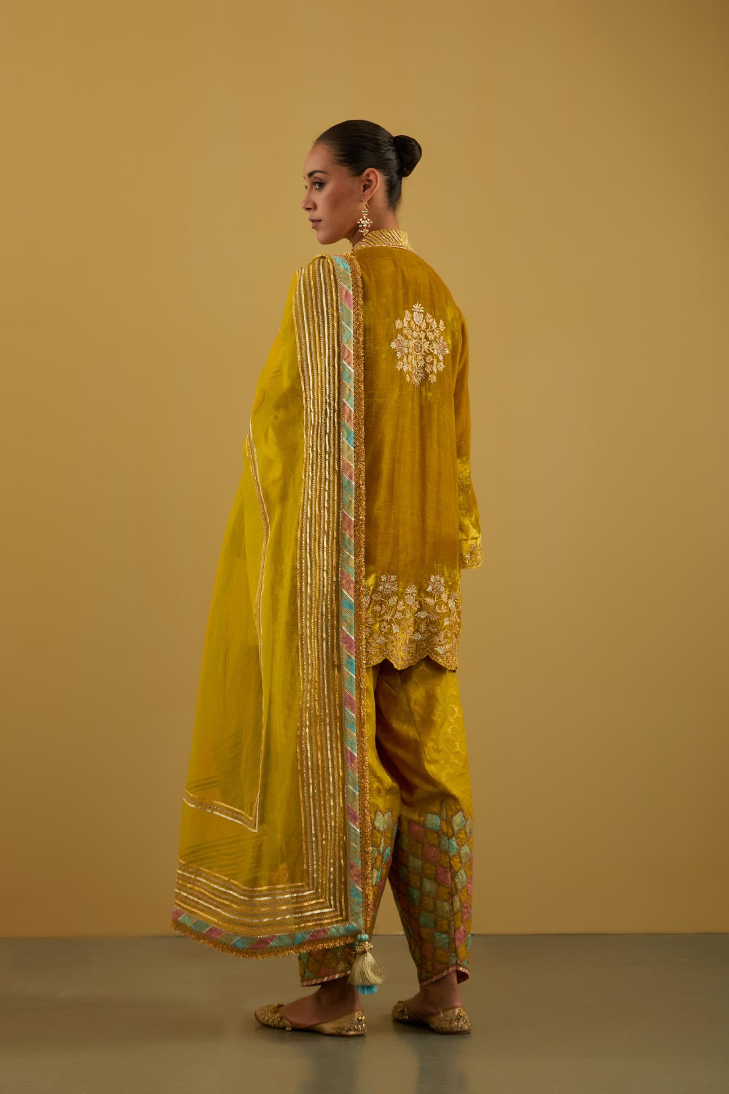 Patchwork Velvet Short Kurta With Salwar