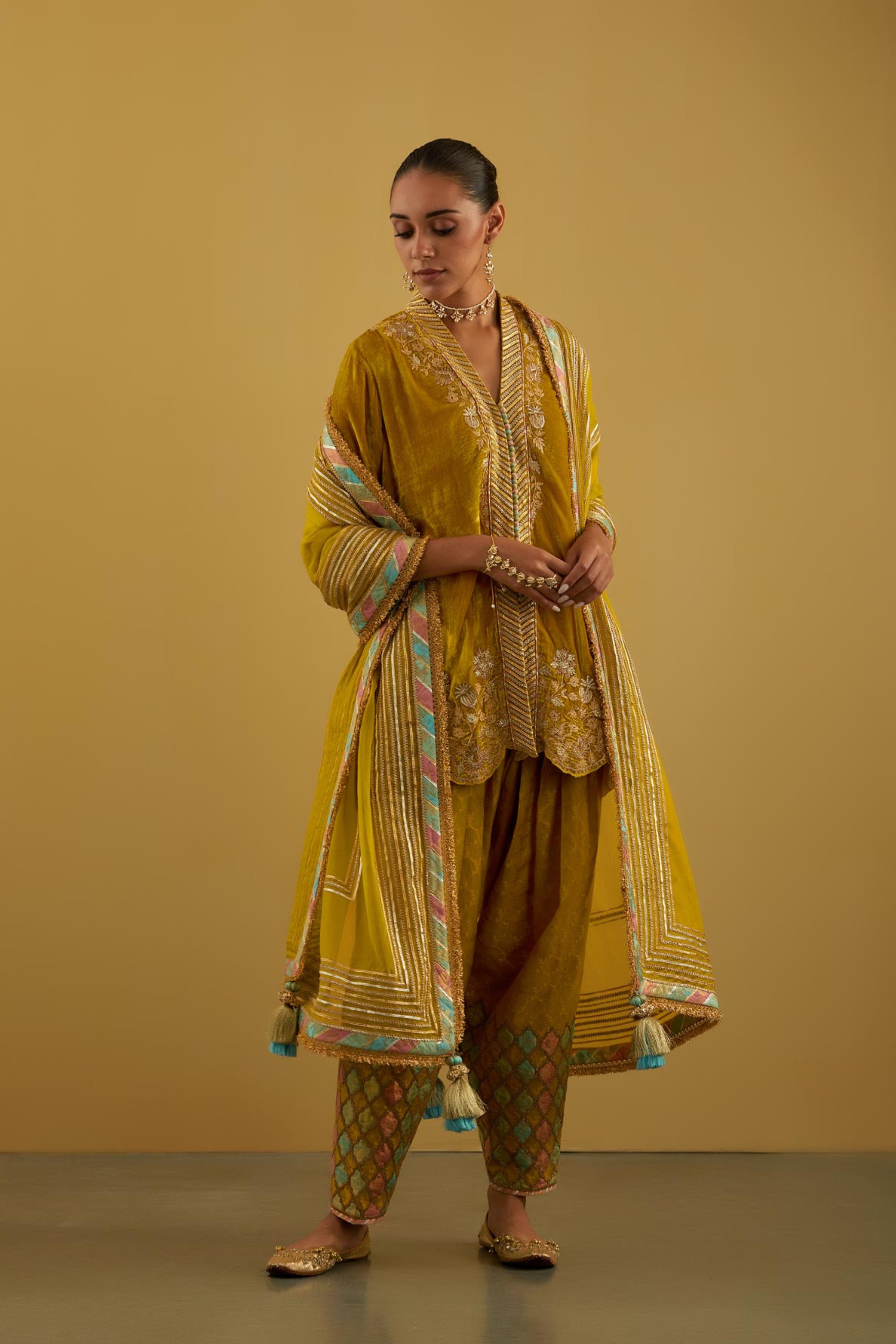Patchwork Velvet Short Kurta With Salwar