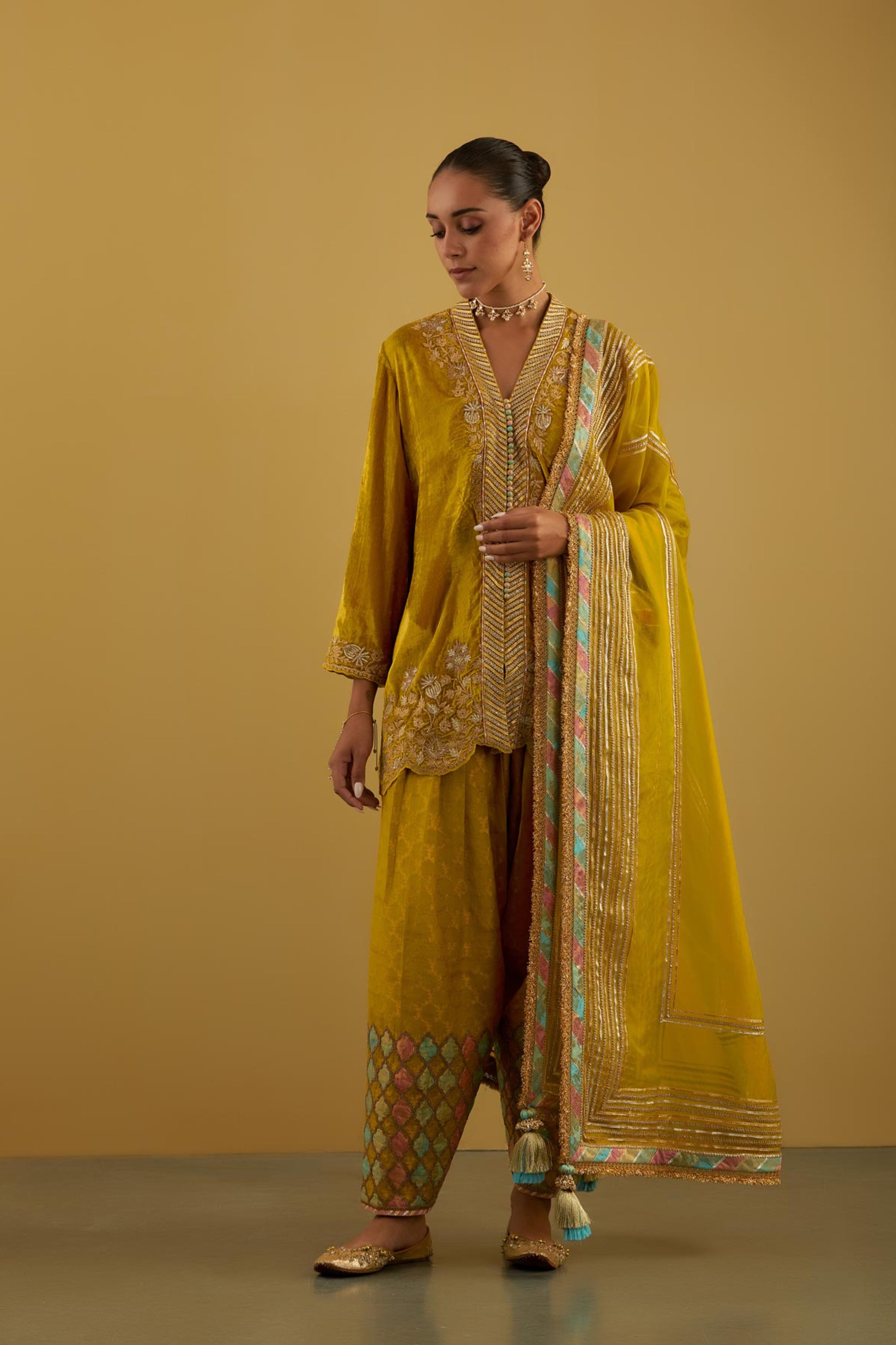 Patchwork Velvet Short Kurta With Salwar