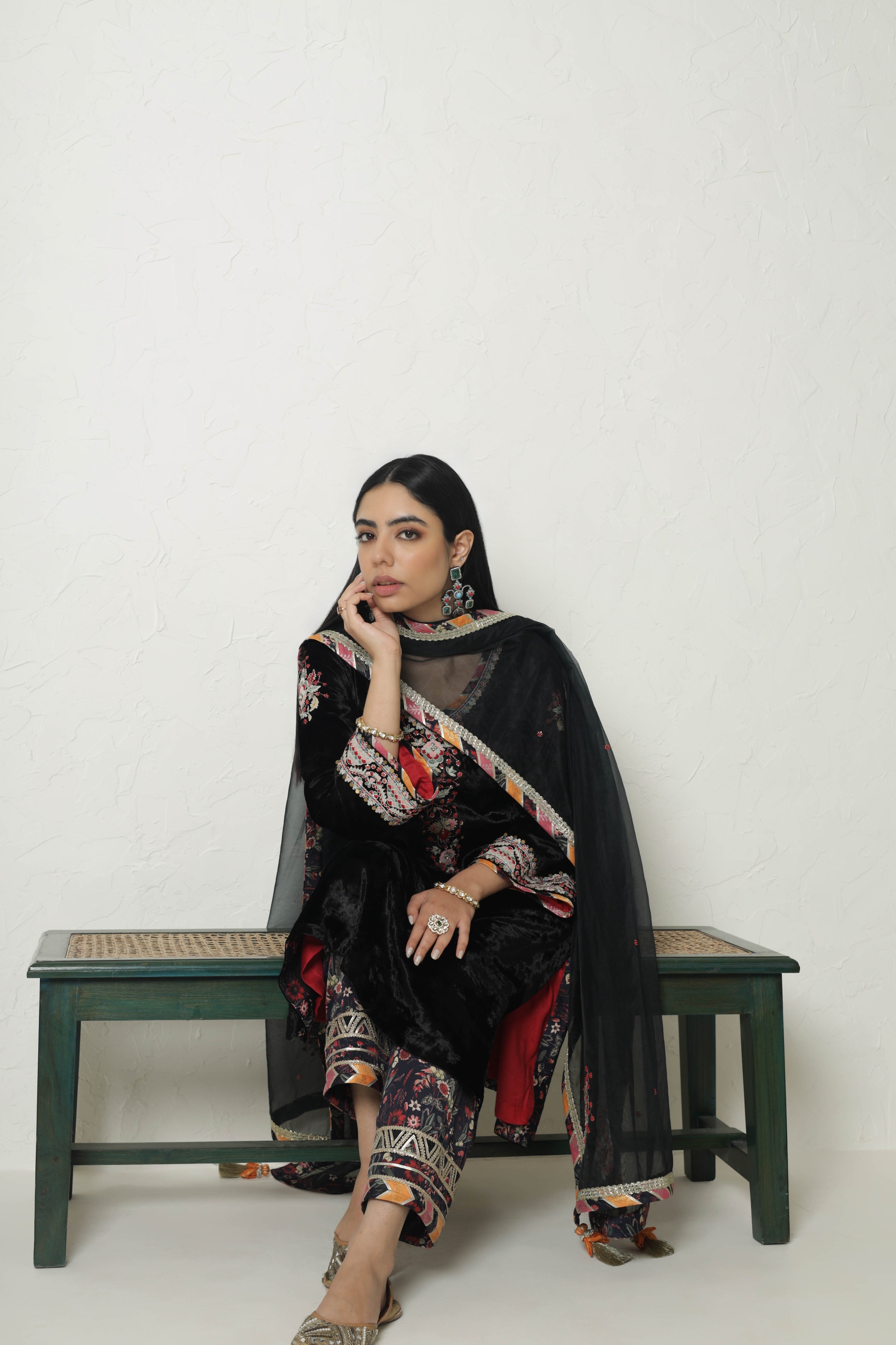 Medley Velvet Long Kurta With Printed Pants
