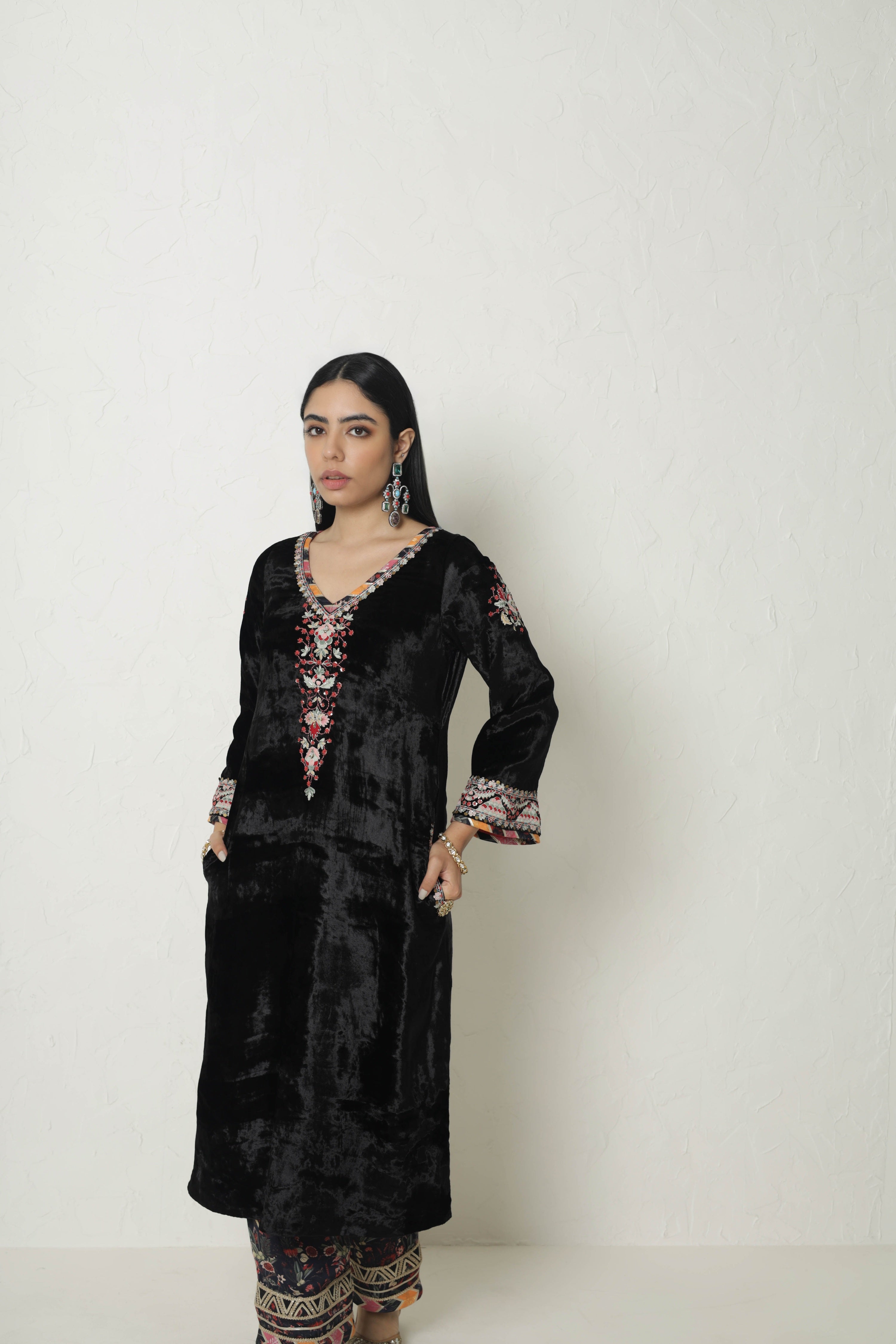 Medley Velvet Long Kurta With Printed Pants