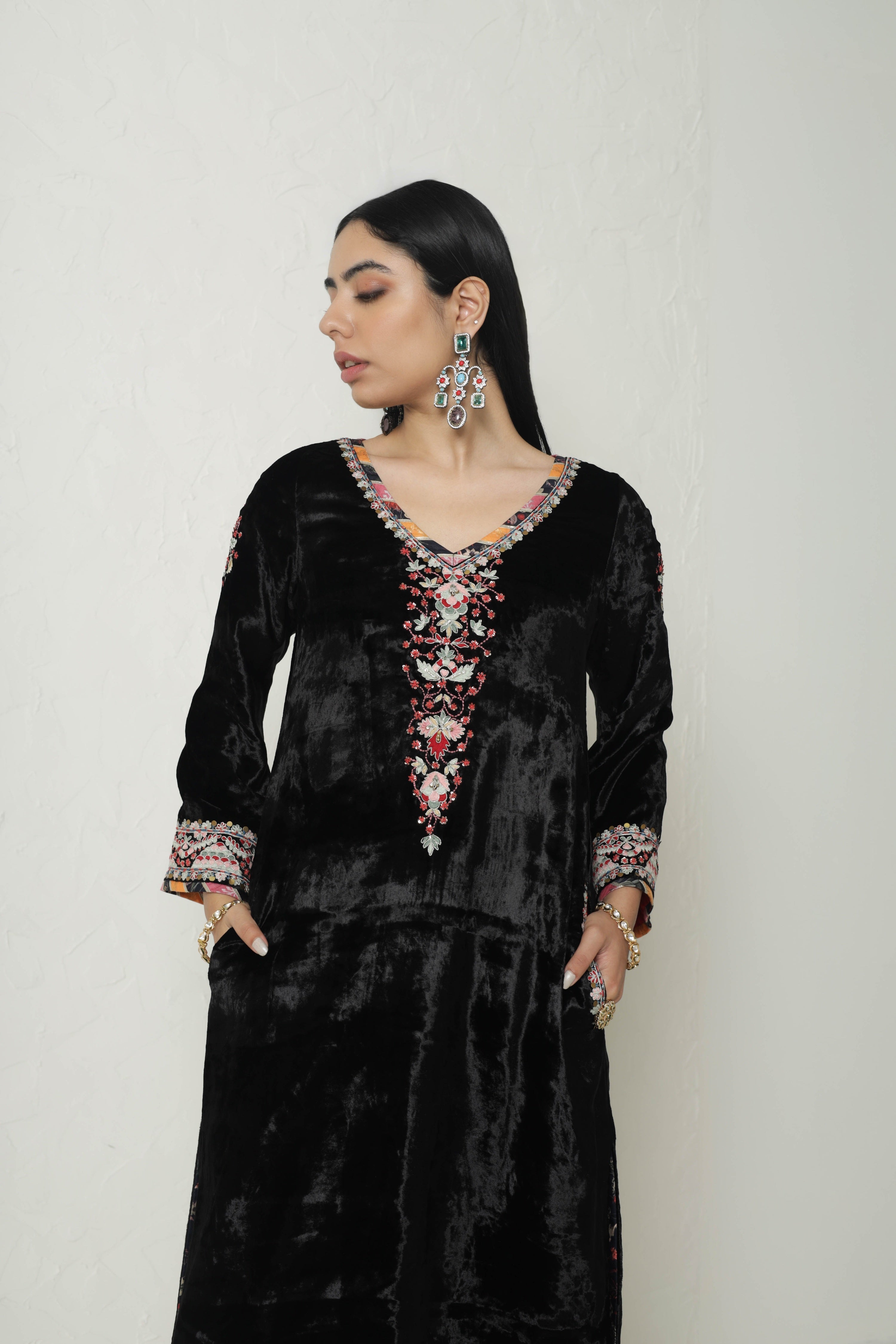 Medley Velvet Long Kurta With Printed Pants