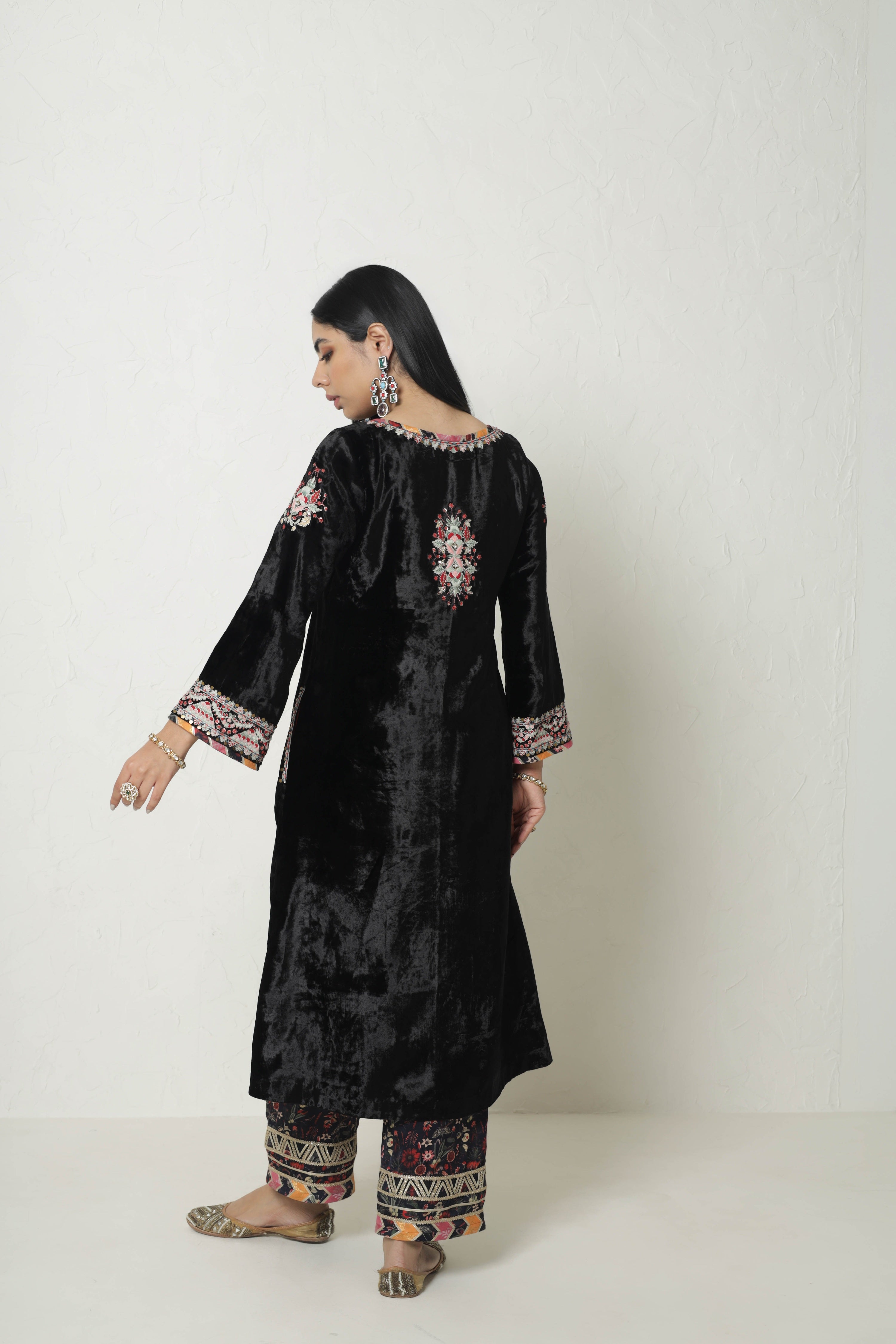 Medley Velvet Long Kurta With Printed Pants
