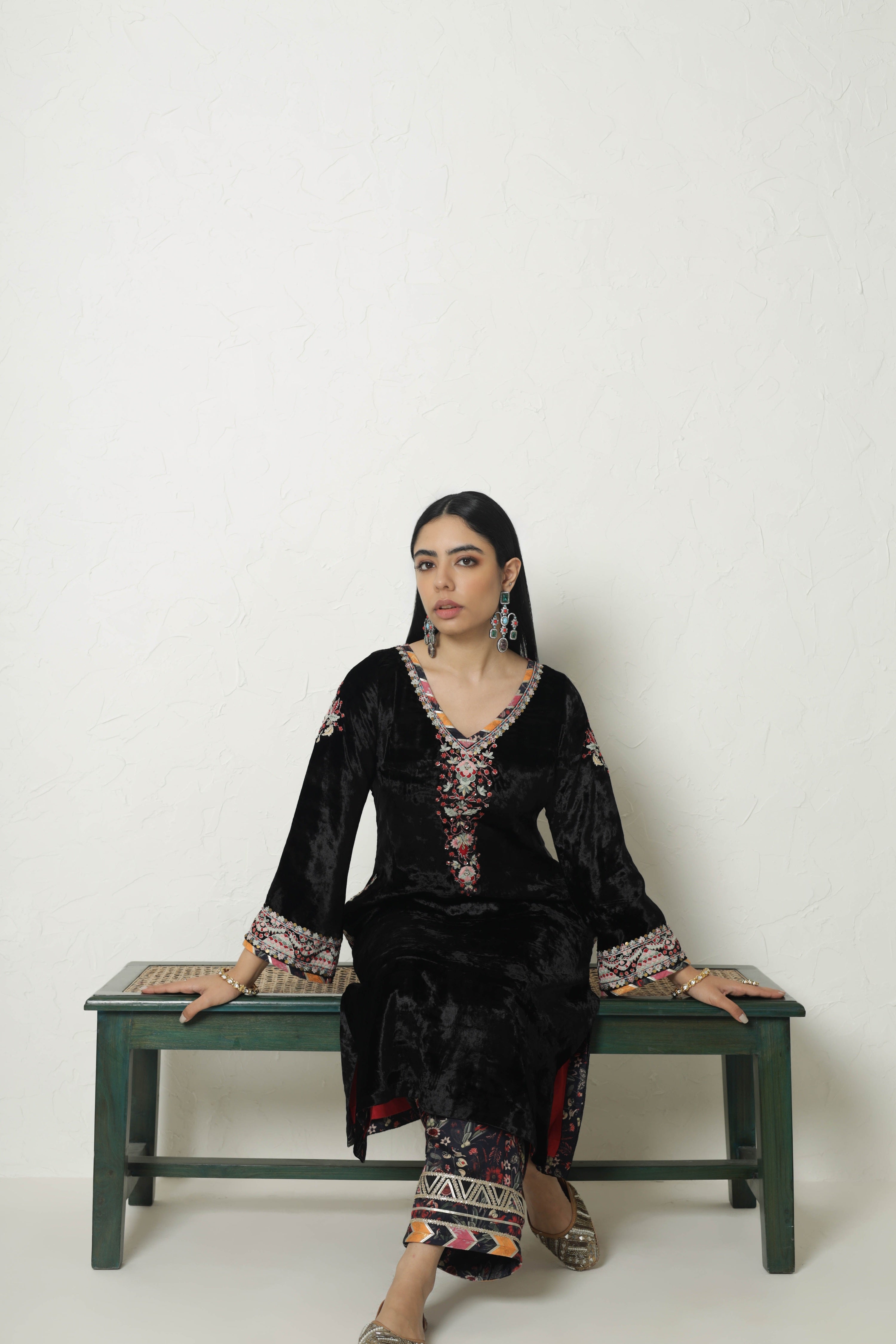 Medley Velvet Long Kurta With Printed Pants