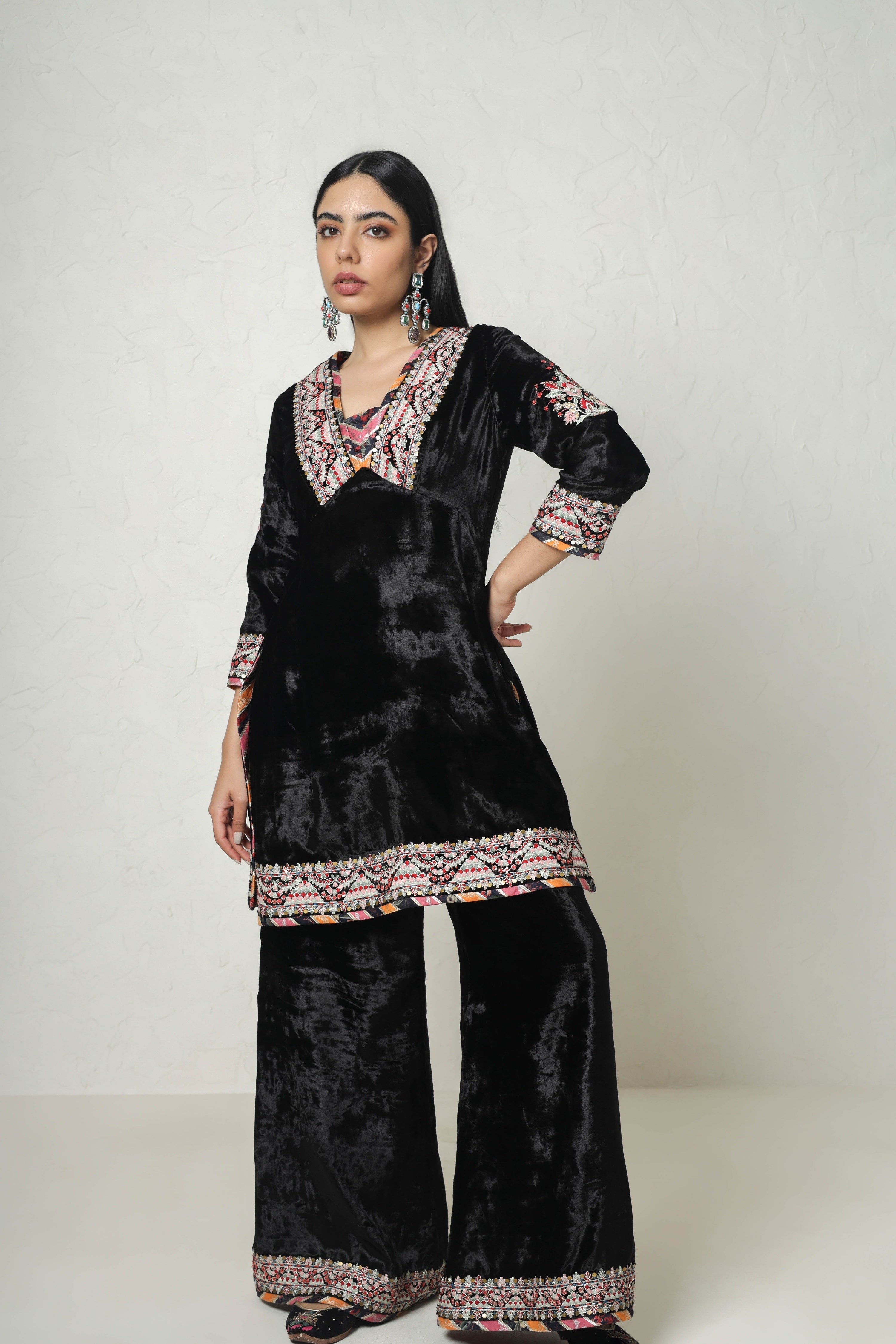 Medley Velvet Yoke Cut Kurta With Plazo Pants