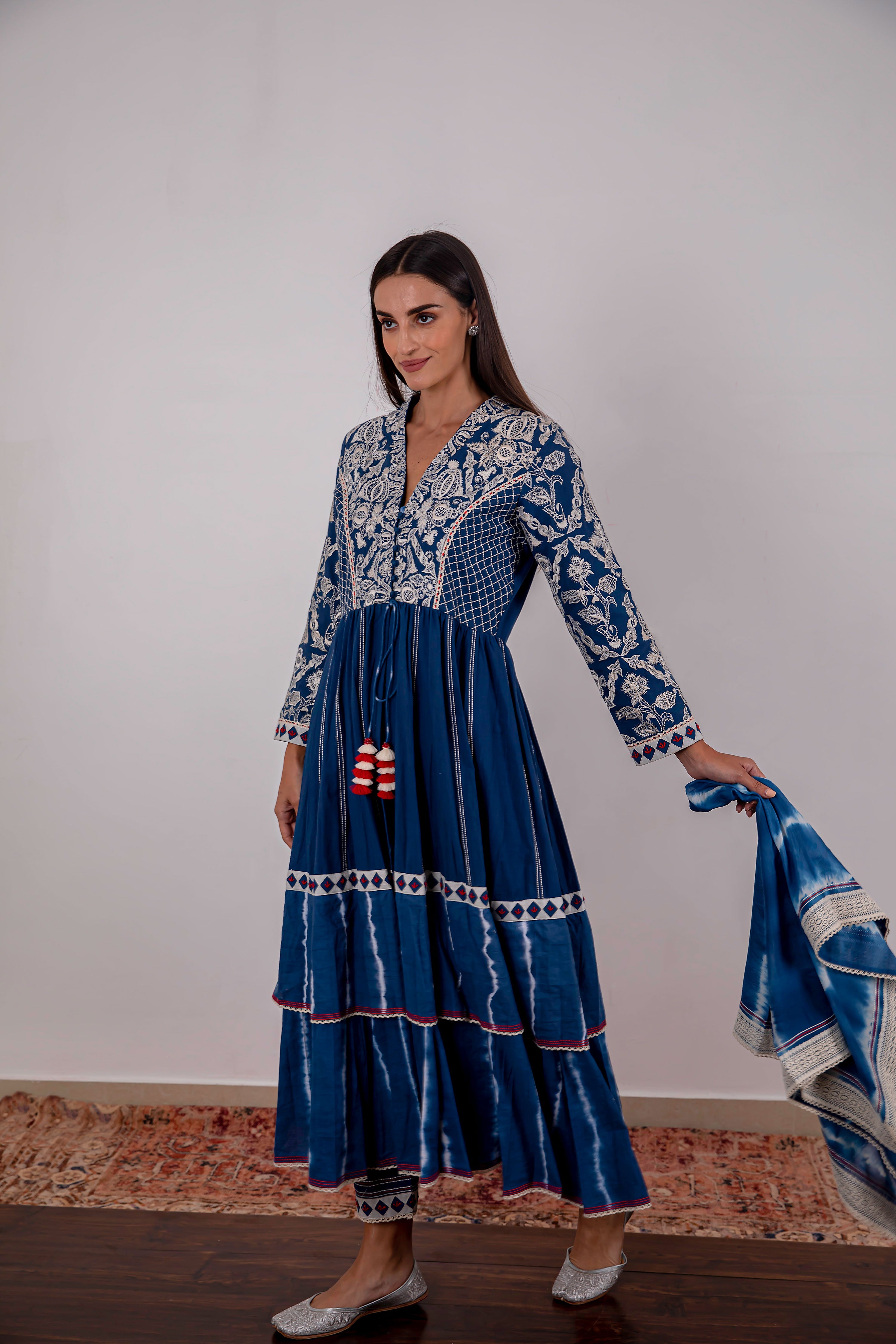 Alaya Long Front Open Kurta With Straight Pants & Scarf