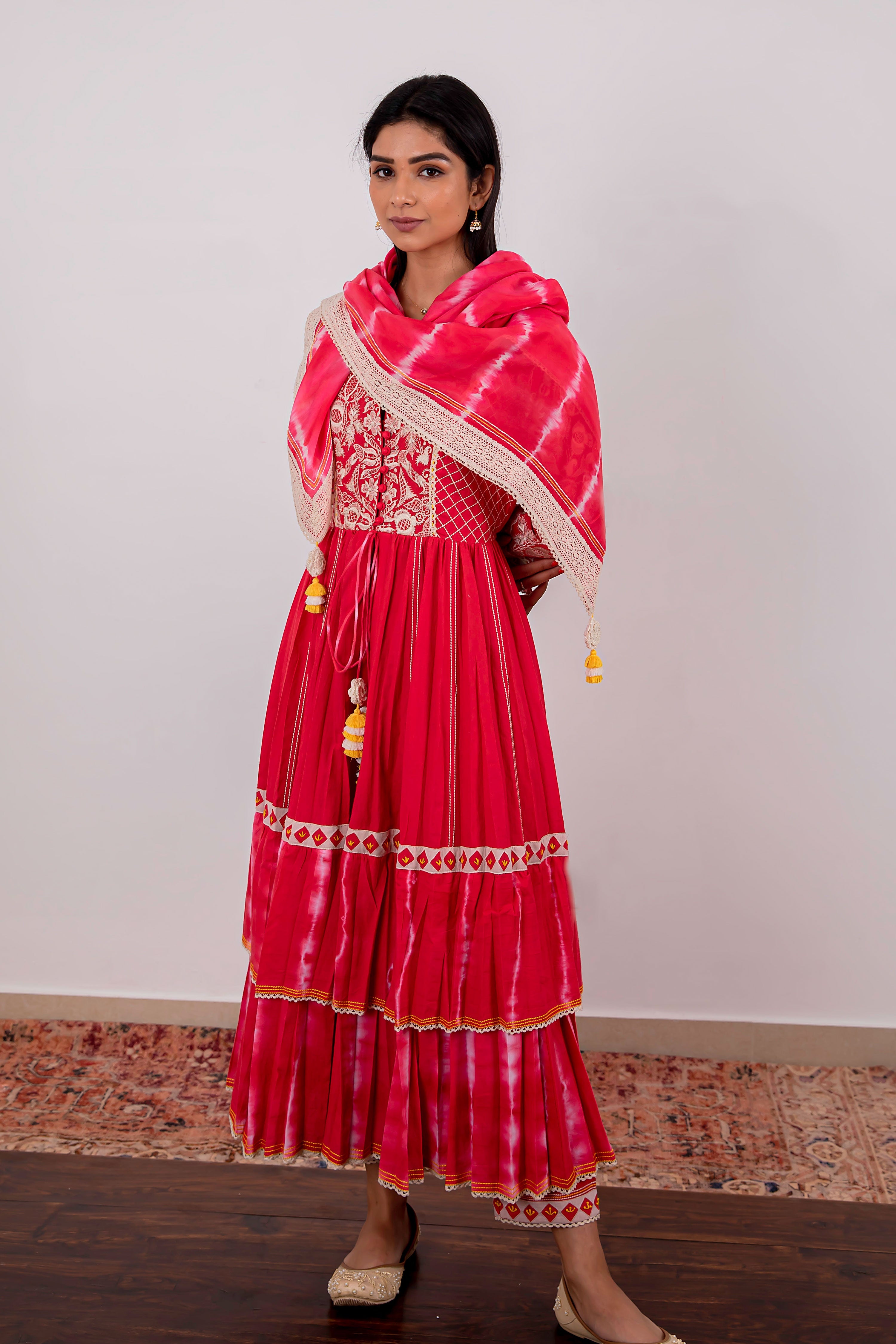 Alaya Long Front Open Kurta With Straight Pants & Scarf