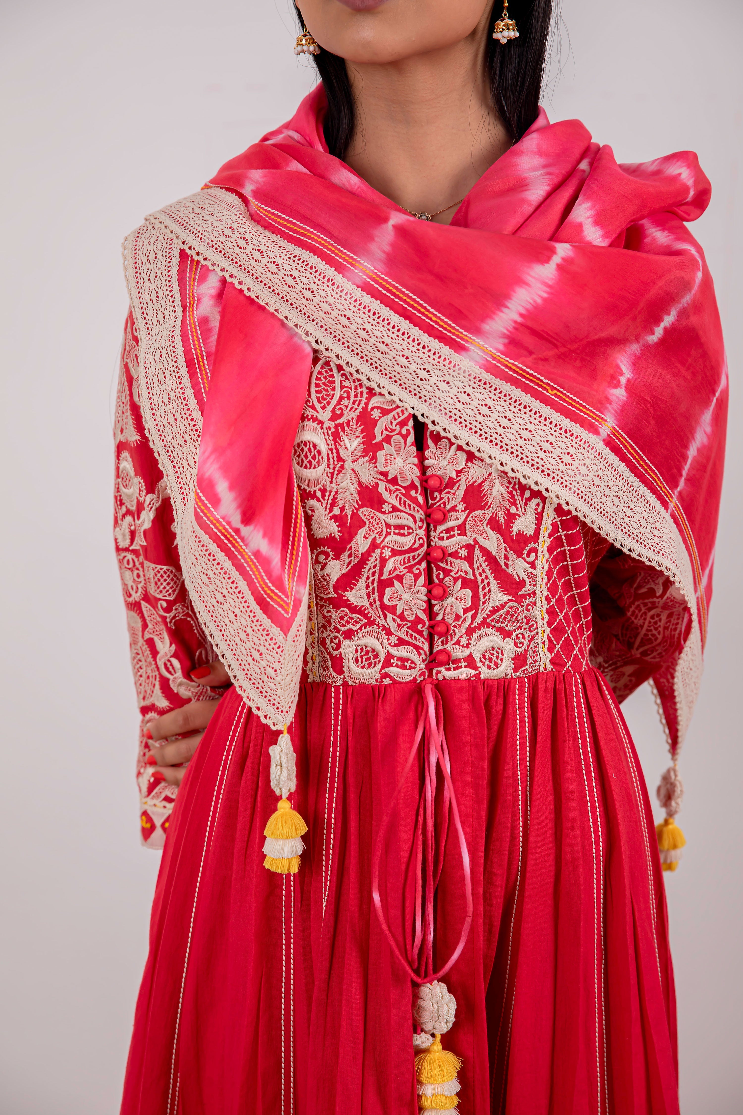 Alaya Long Front Open Kurta With Straight Pants & Scarf