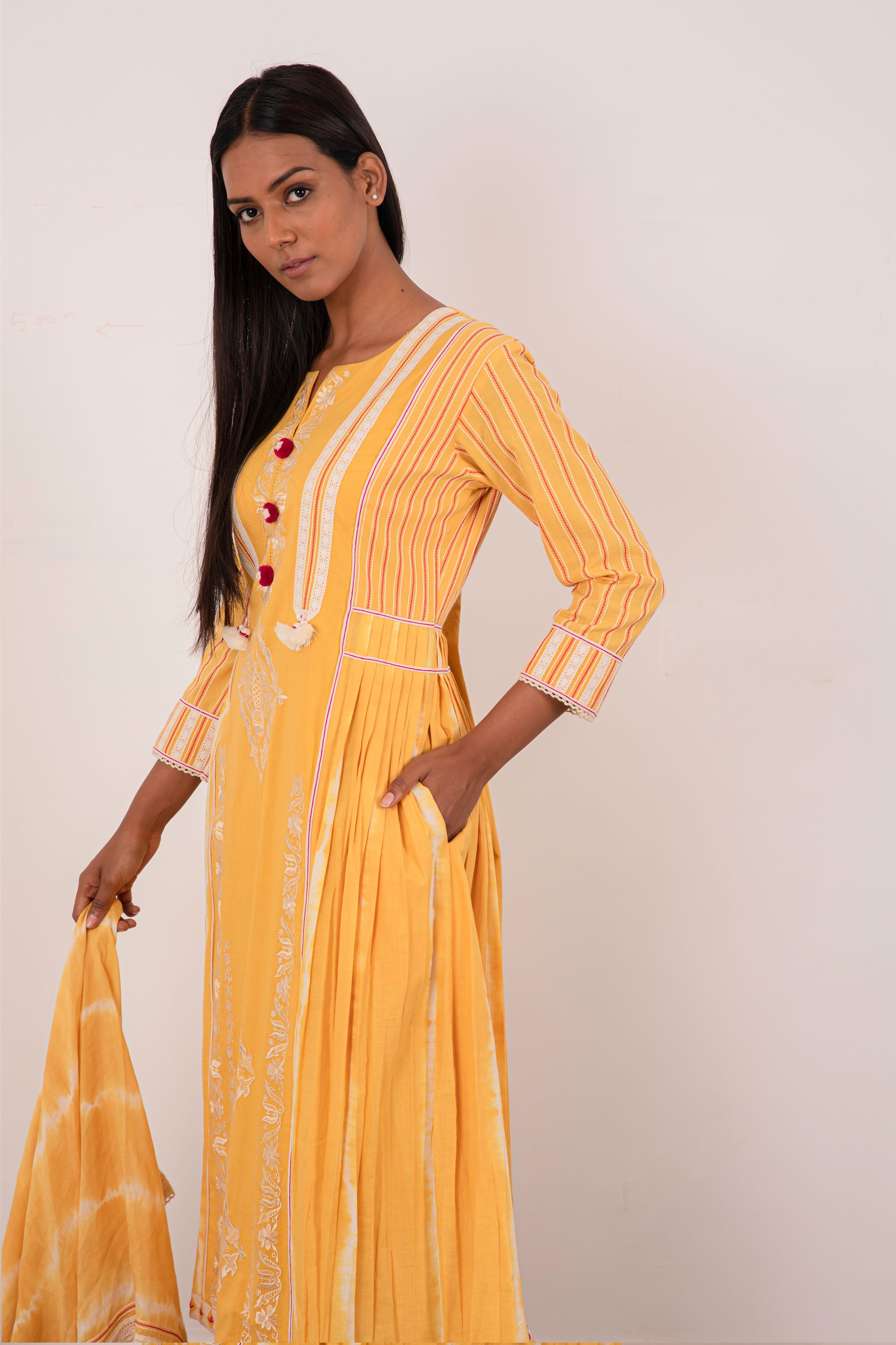 Alaya Side Pleat Long Kurta With Straight Pants & Scarf