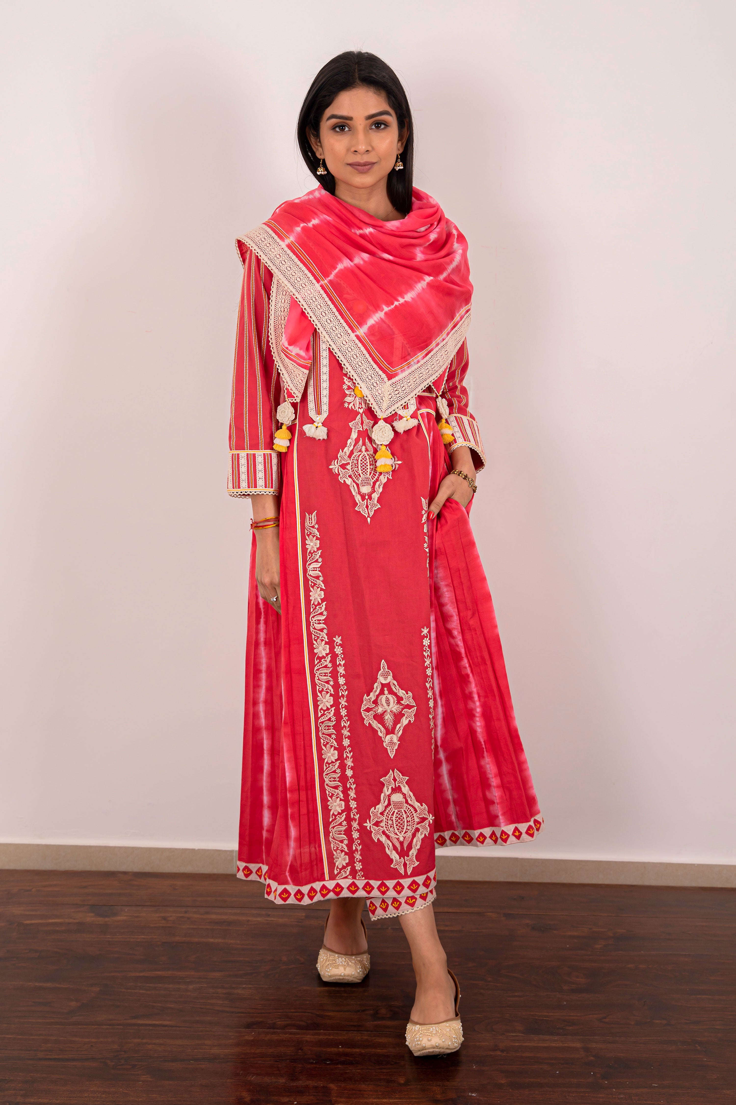 Alaya Side Pleat Long Kurta With Straight Pants & Scarf