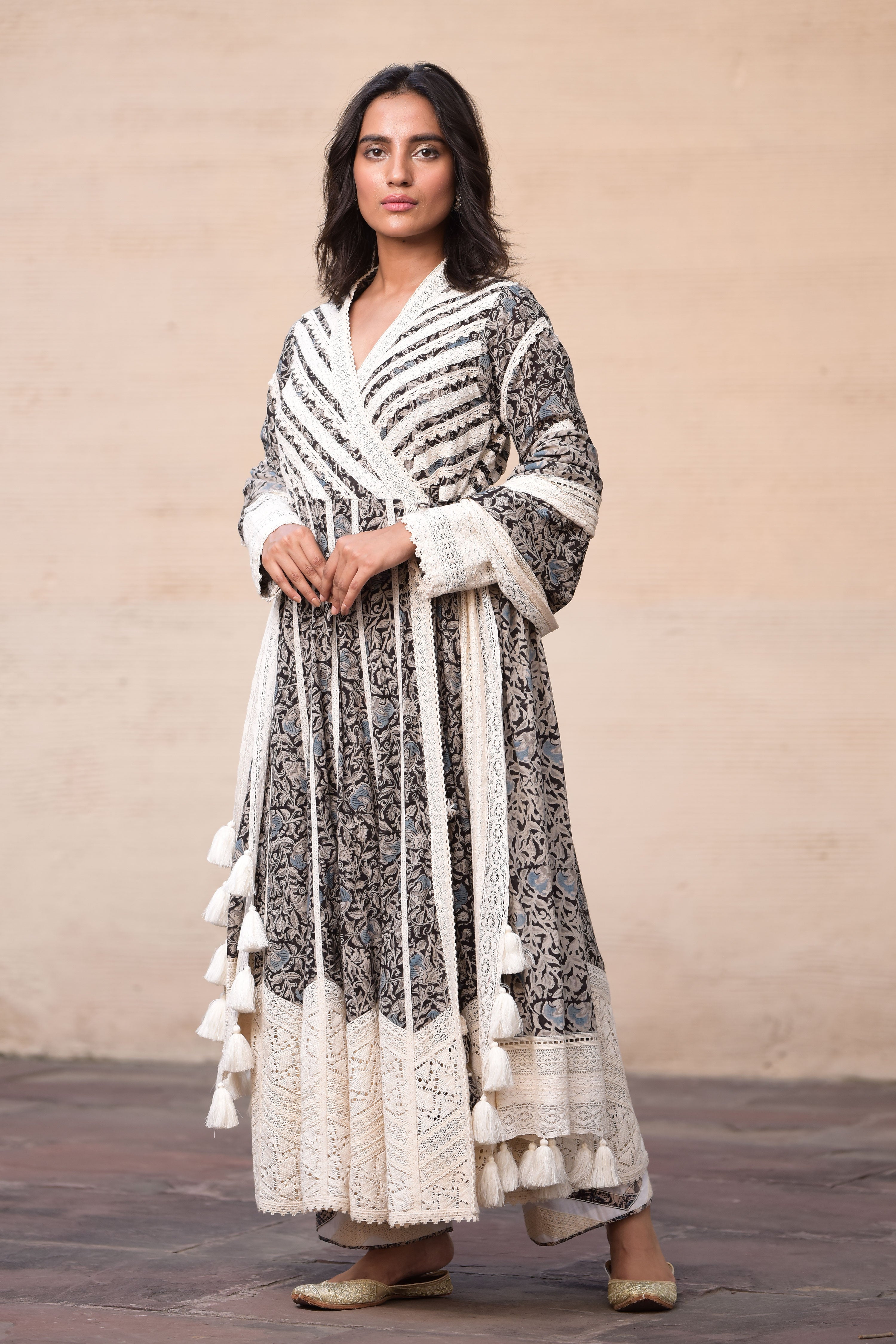Kalamkari Cross-Over Long Kurta With Straight Pants & Dupatta