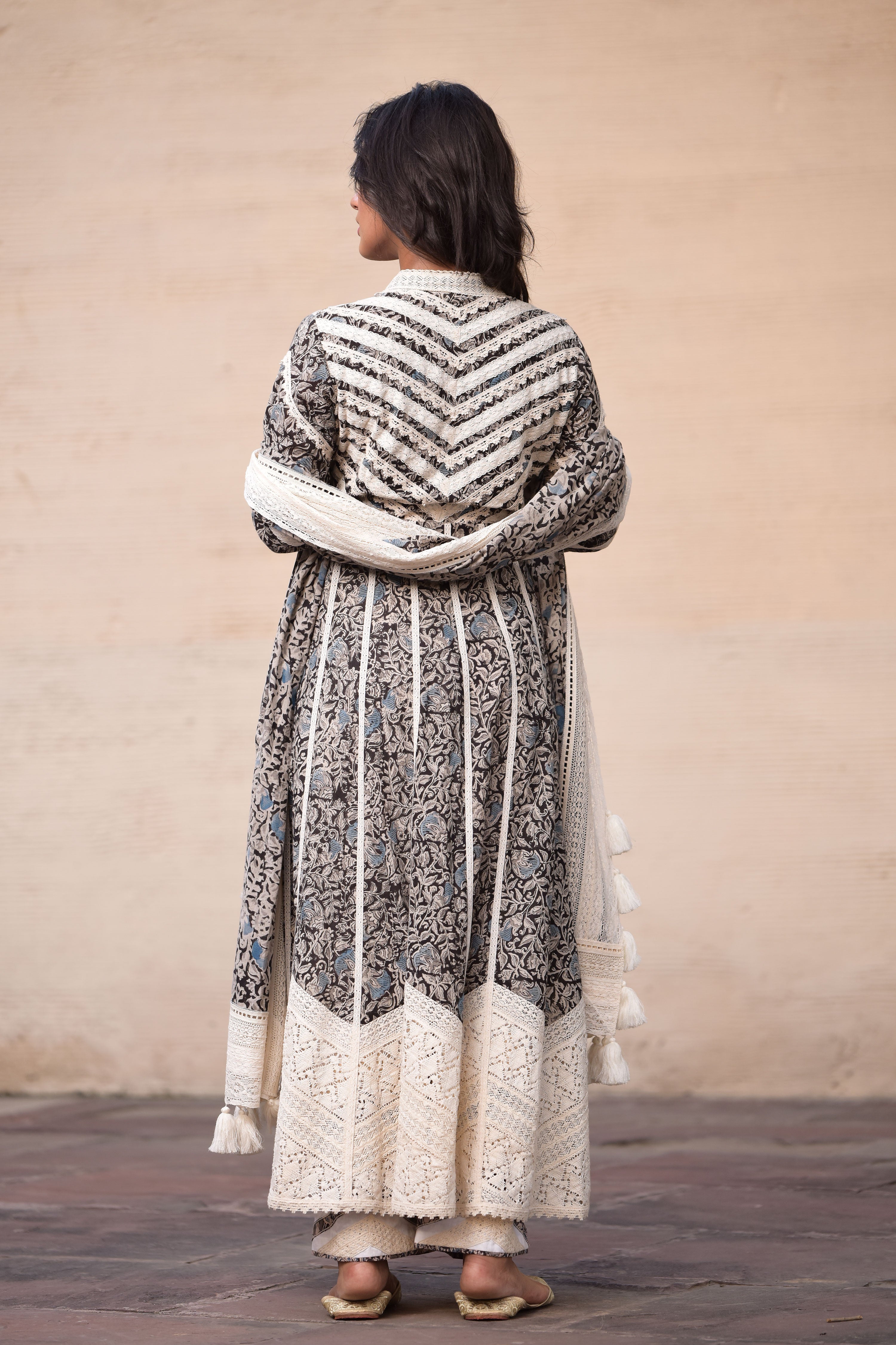 Kalamkari Cross-Over Long Kurta With Straight Pants & Dupatta