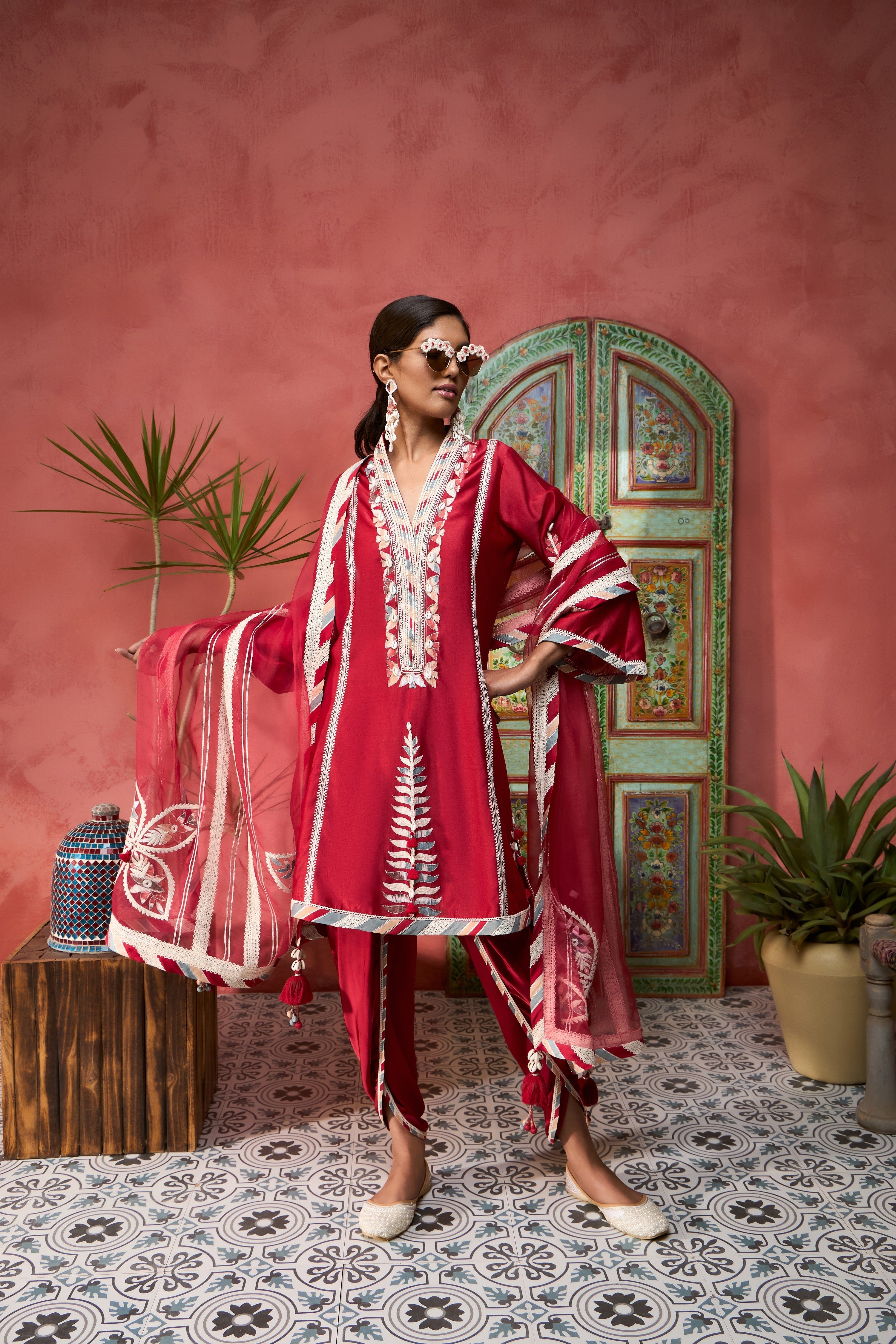 Ikat Applique A-Line Short Kurta With Dhoti Pants