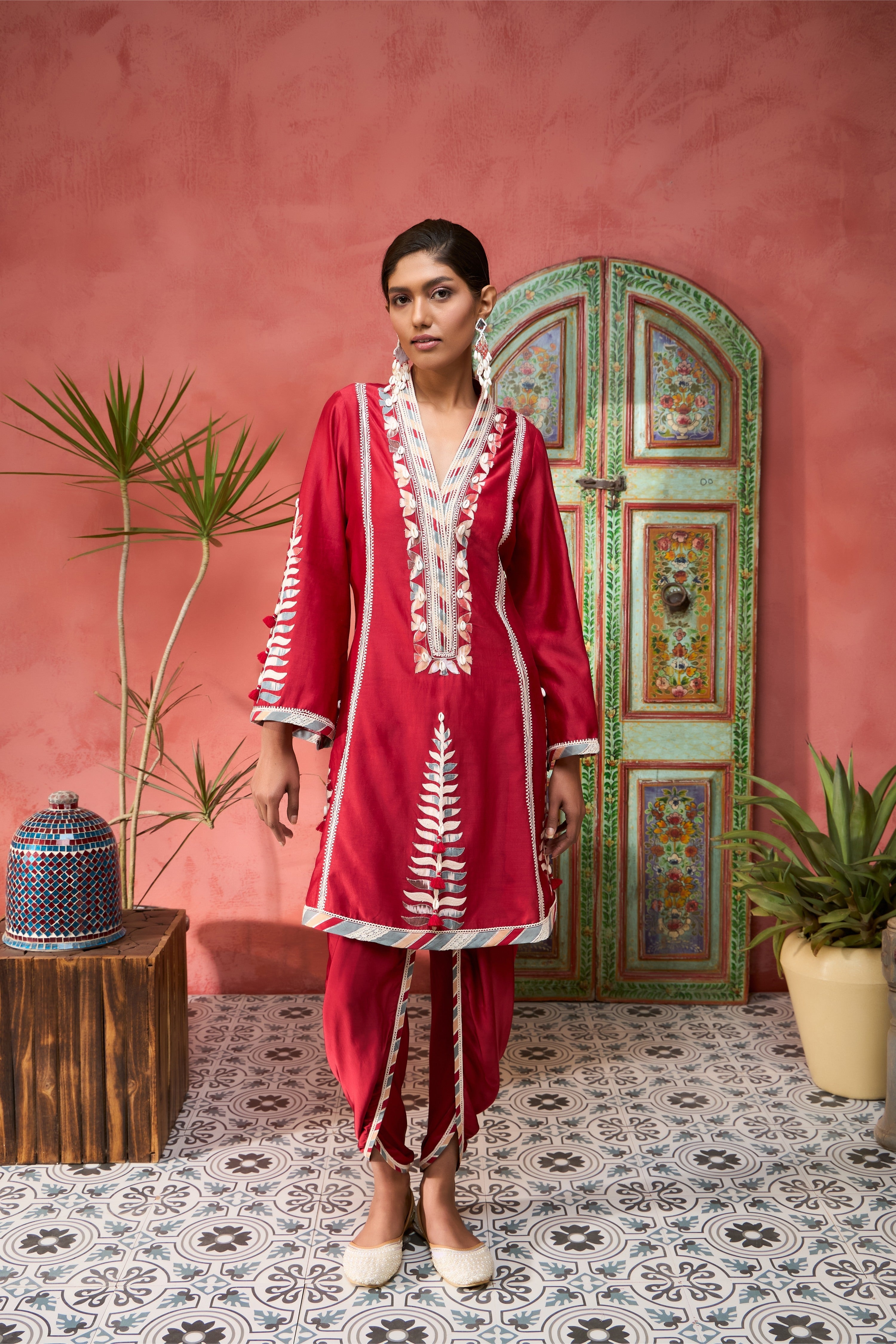 Ikat Applique A-Line Short Kurta With Dhoti Pants