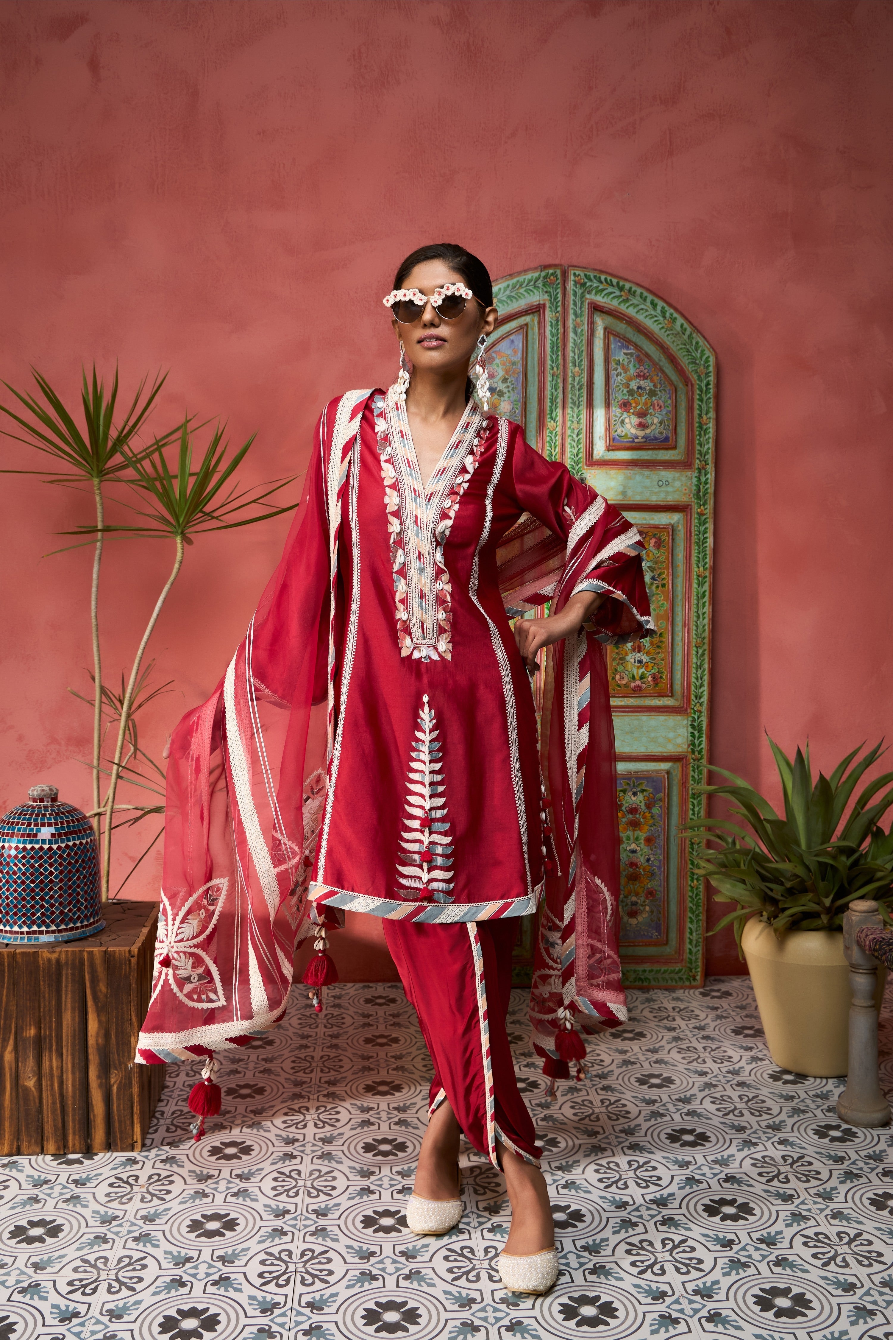 Ikat Applique A-Line Short Kurta With Dhoti Pants