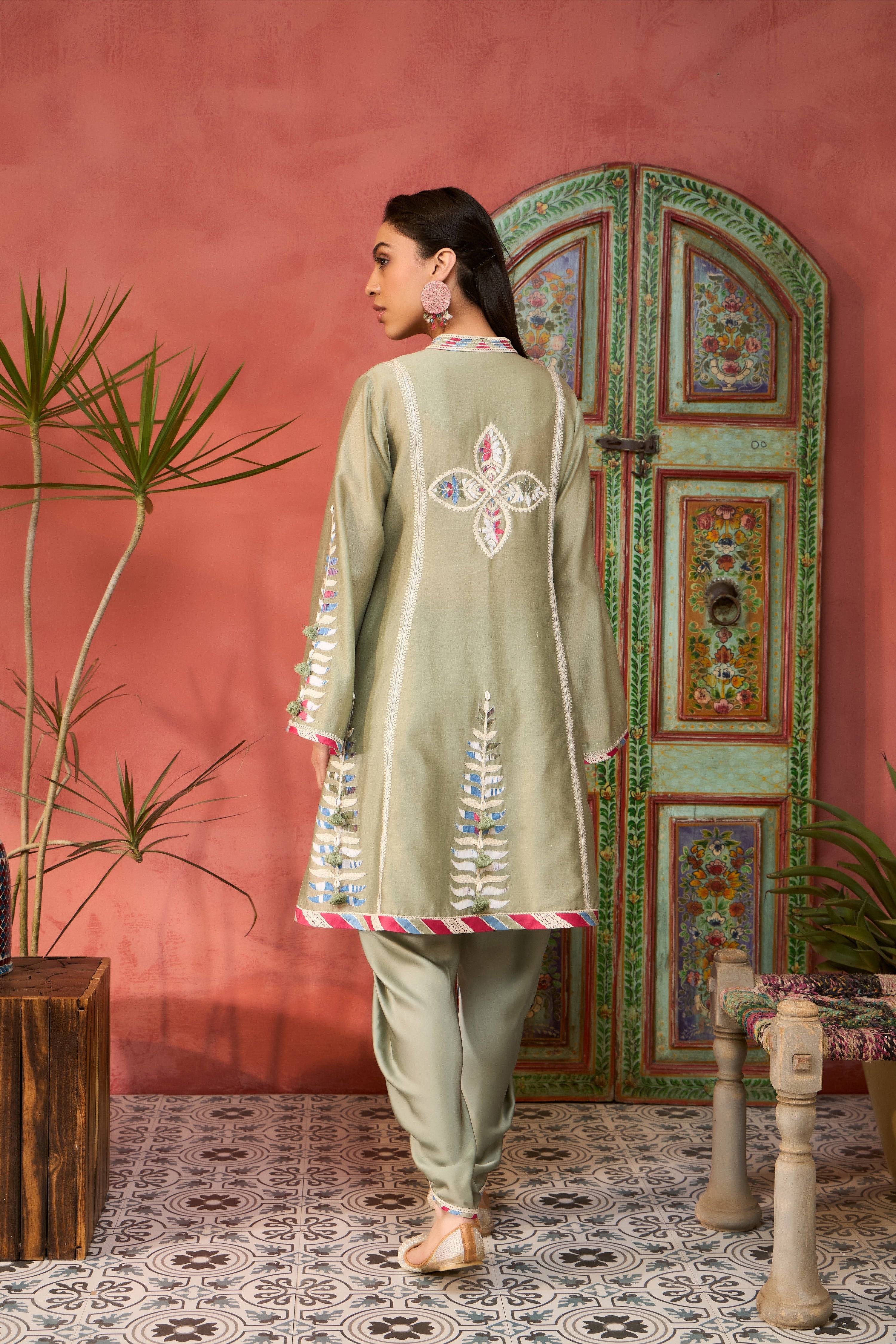 Ikat Applique A-Line Short Kurta With Dhoti Pants