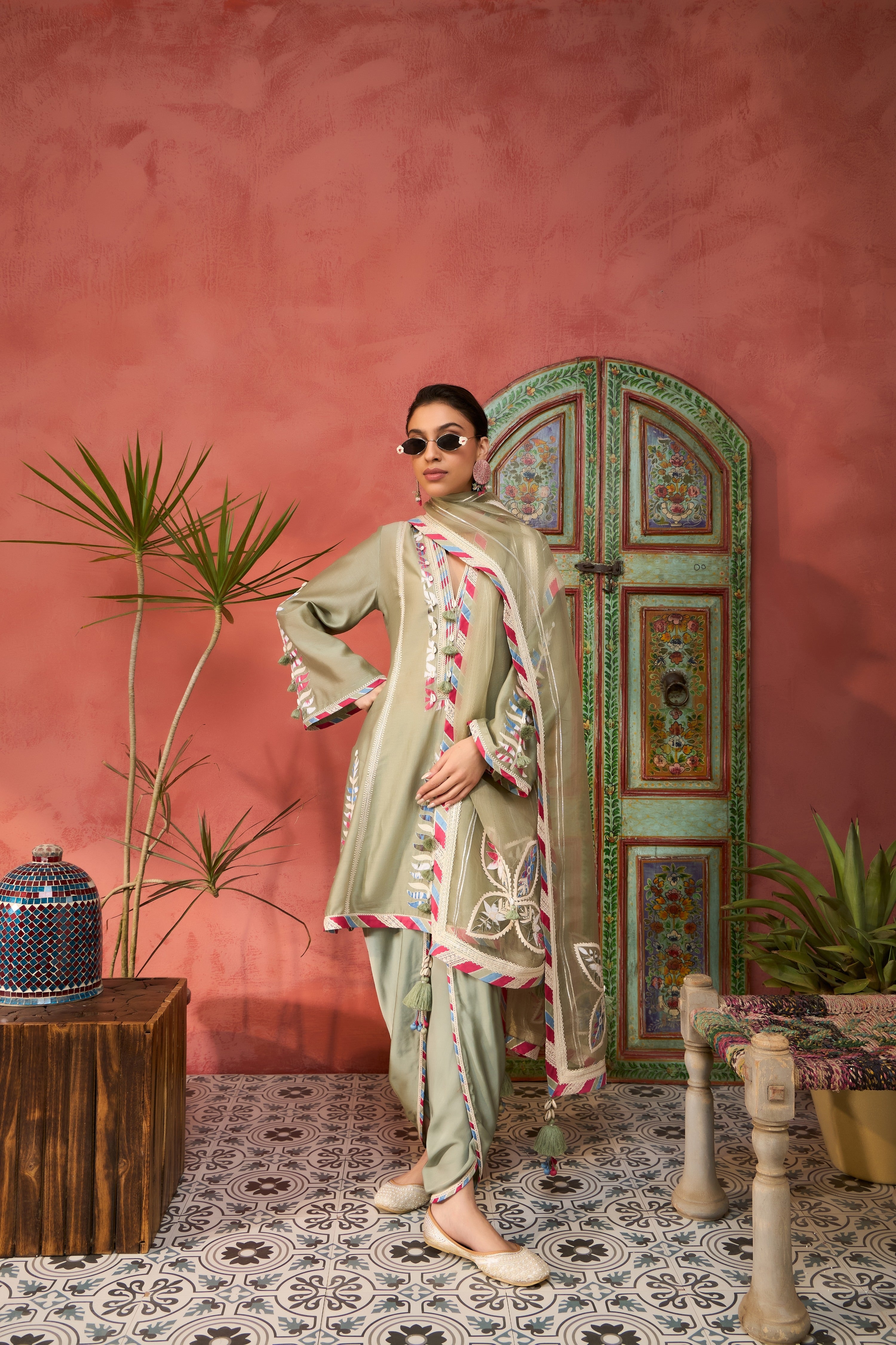 Ikat Applique A-Line Short Kurta With Dhoti Pants