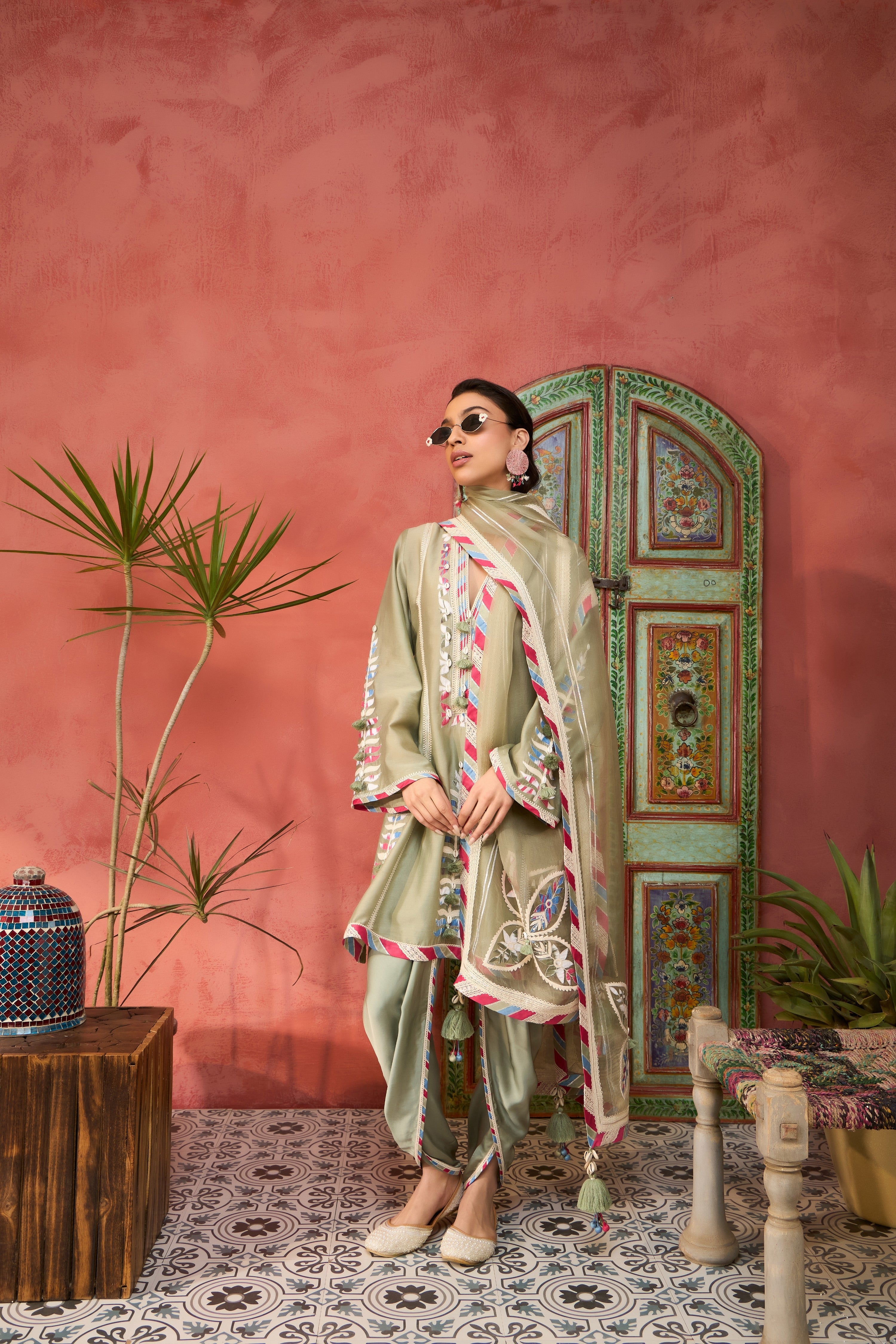 Ikat Applique A-Line Short Kurta With Dhoti Pants